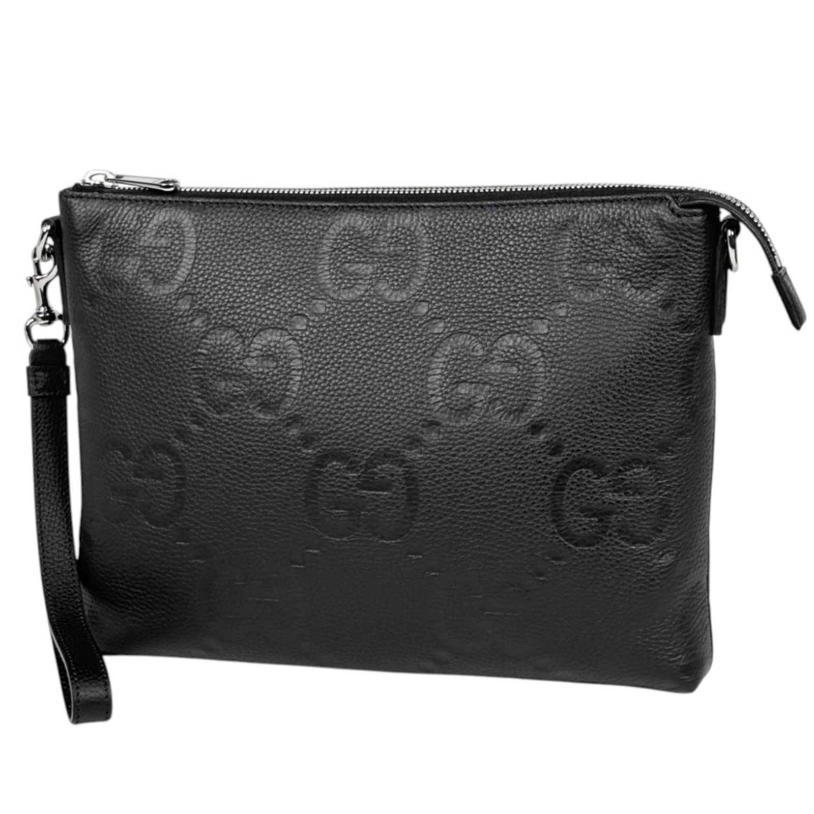 Bag Leather Gucci Clutch: Bag Leather Gucci Clutch Black leather Gucci clutch with classic design and sleek dimensions, measuring 23cm x 30cm x 4cm. The bag's luxurious material and timeless style make it a versatile accessory