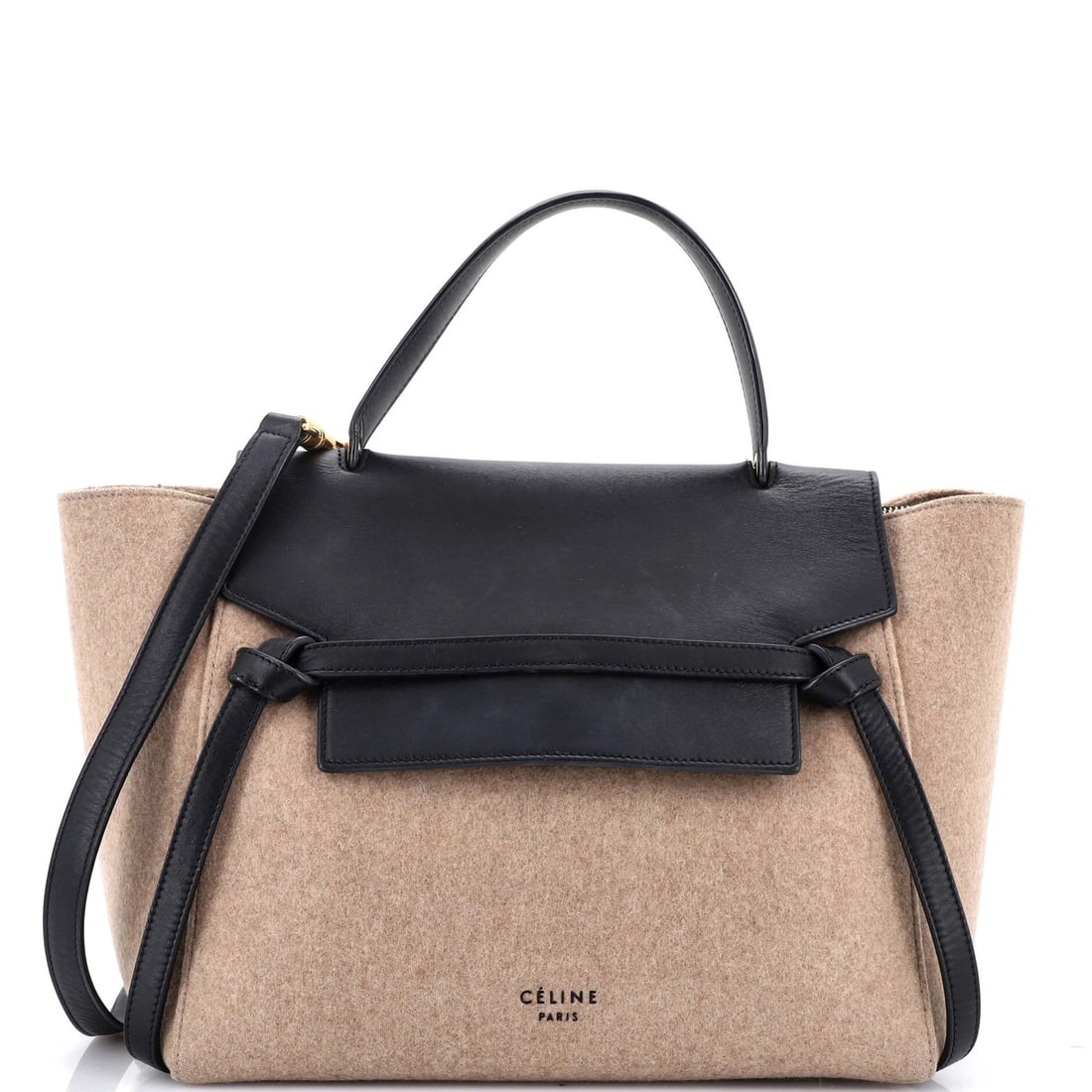 Celine leather felt mini bag belt: Celine leather felt mini bag belt Small but stylish, this Celine leather felt mini bag belt boasts a neutral black exterior with a subtle aged gold hardware touch. Measuring just 11" wide and 6"