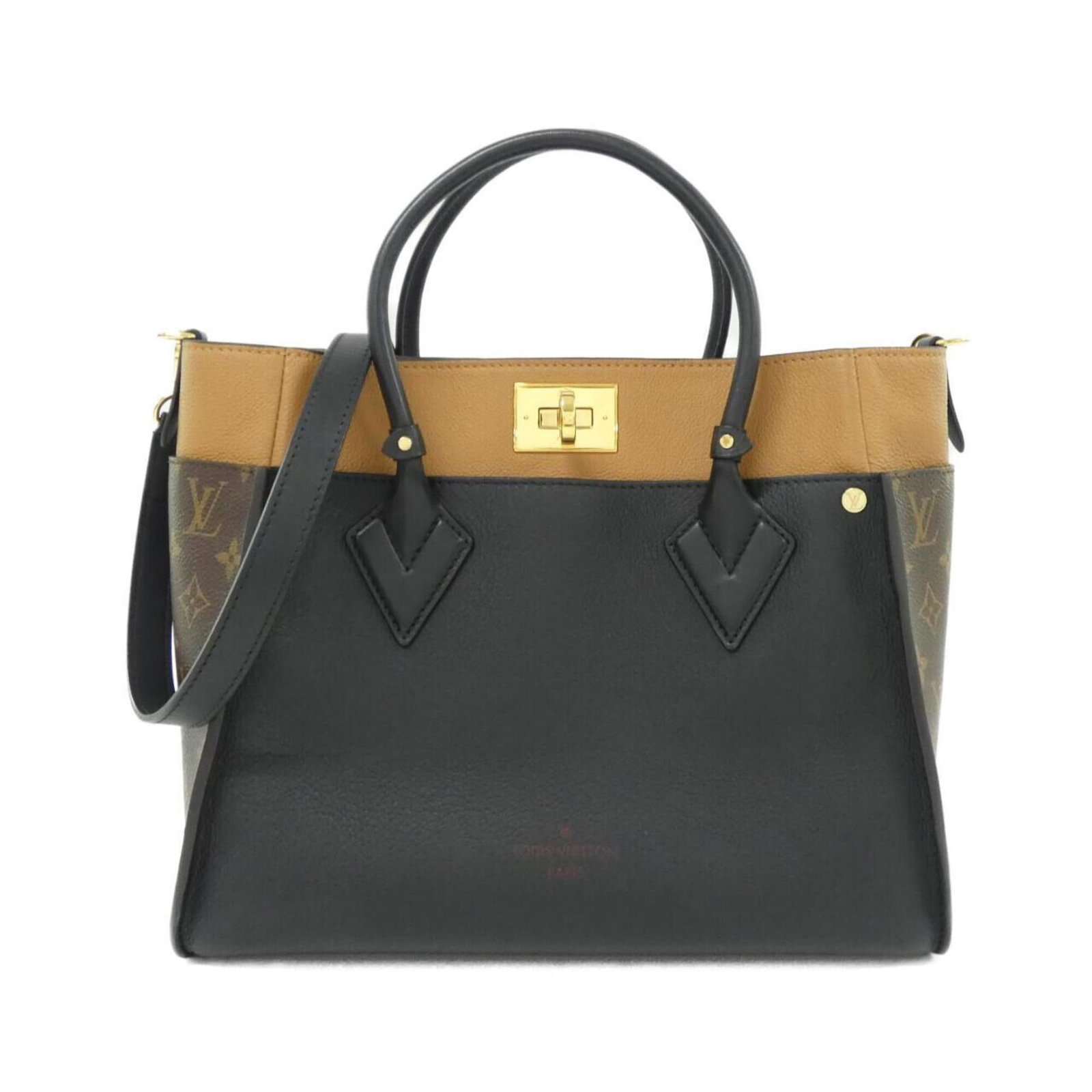 Louis Vuitton Handbag Leather Coated Canvas: Louis Vuitton Handbag Leather Coated Canvas Leather Coated Canvas Louis Vuitton Handbag in Black, featuring gold hardware and the iconic Monogram pattern. This stylish bag measures 25cm x 34cm x