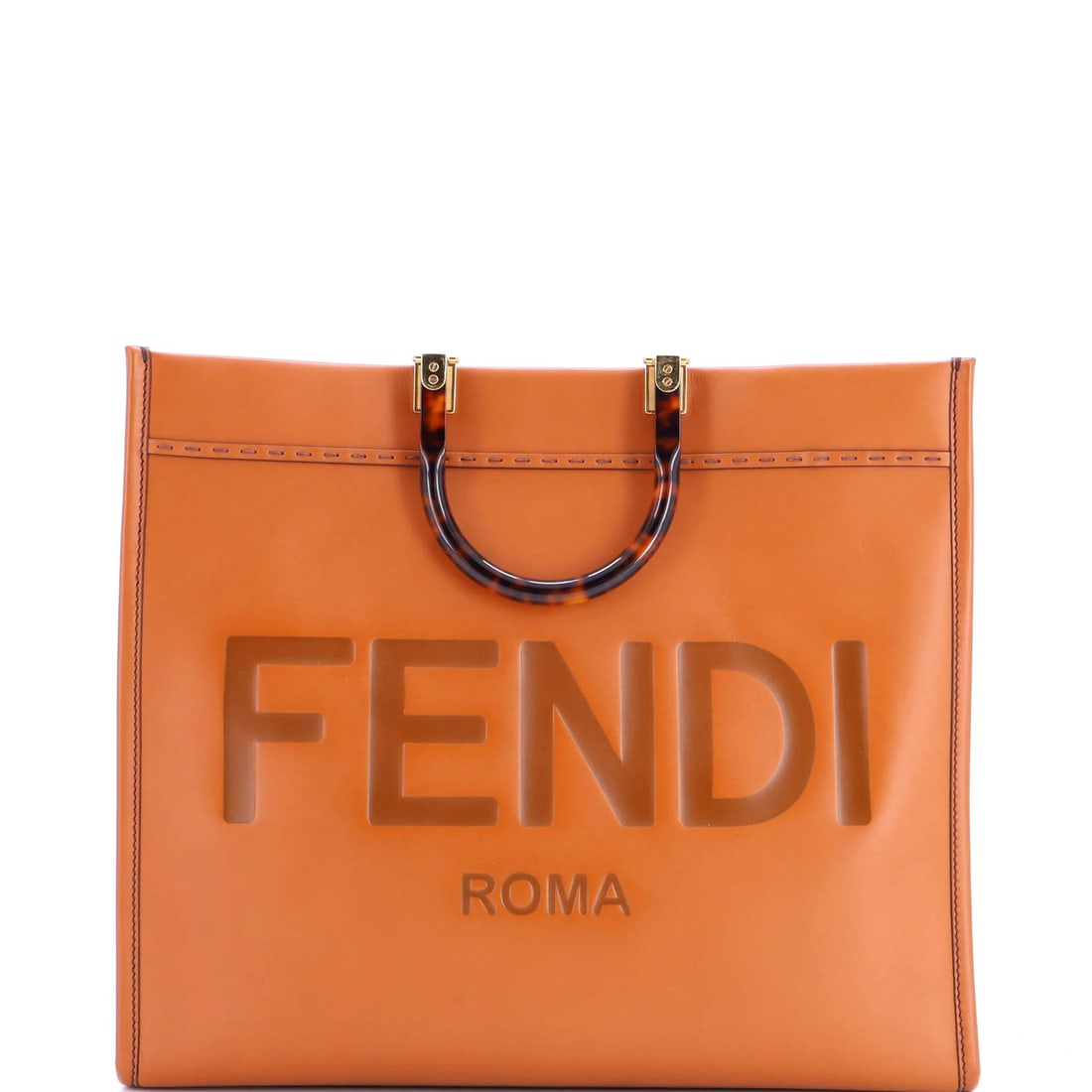 Leather tote shopper sunshine Fendi large: Leather tote shopper sunshine Fendi large Brown Fendi Sunshine Shopper Tote Leather Large measures 14" tall, 16" wide, and 8" deep. The exterior features minor scuffs and creases, while the interior h