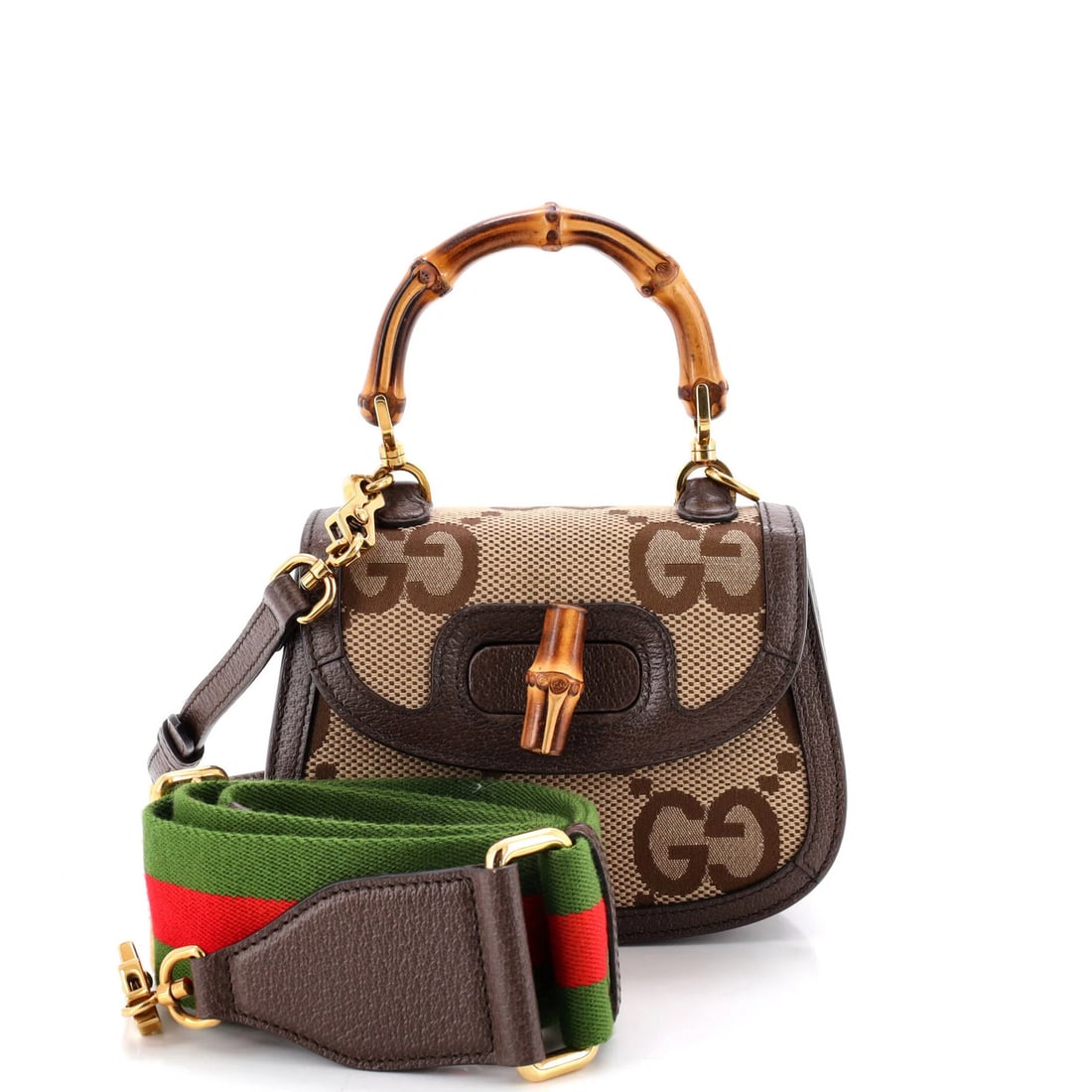Gucci 1947 bamboo top bag mini jumbo handle GG canvas: Gucci 1947 bamboo top bag mini jumbo handle GG canvas Small, stylish Gucci Bamboo 1947 top handle bag in brown canvas with jumbo GG logo. Features an extra strap for adjustable comfort and a neutral