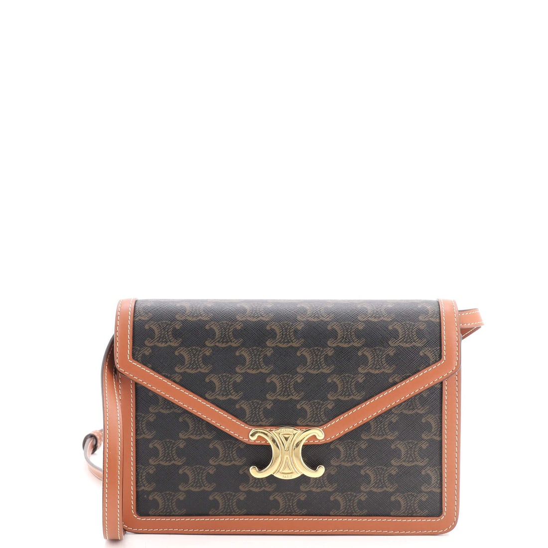 Celine Enveloppe Wallet on Strap Triomphe Coated Canvas: Celine Enveloppe Wallet on Strap Triomphe Coated Canvas Brown Celine Enveloppe Wallet on Strap Triomphe Coated Canvas, 6" x 8.5" x 2", with minor creases and scuffs, features a gold hardware and