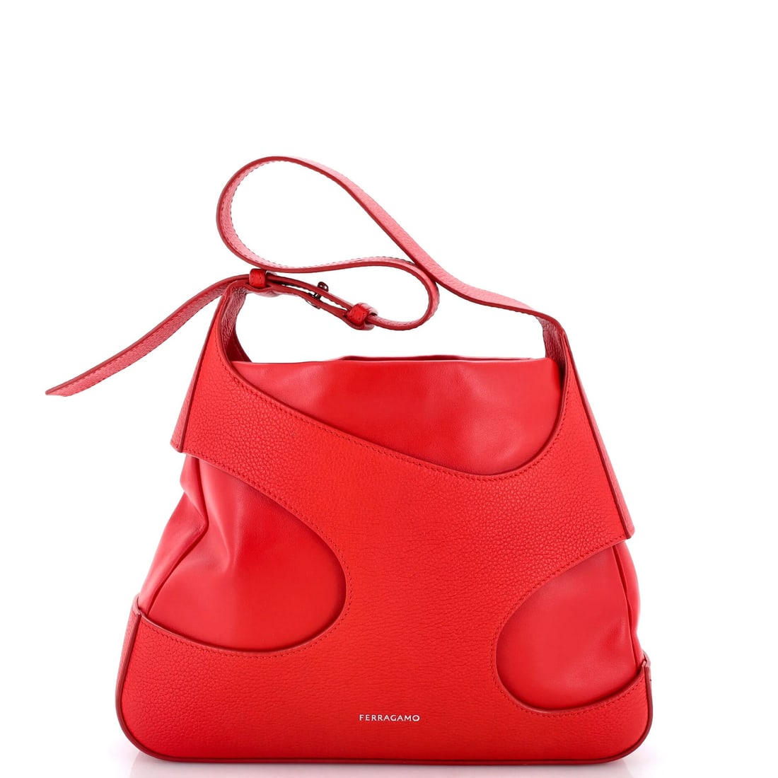 Ferragamo Cut Leather Adjustable Bag Medium Shoulder Salvatore: Ferragamo Cut Leather Adjustable Bag Medium Shoulder Salvatore Red leather shoulder bag with cut out design, featuring adjustable straps. The medium size measures 8.5" height, 11" width, and 3"