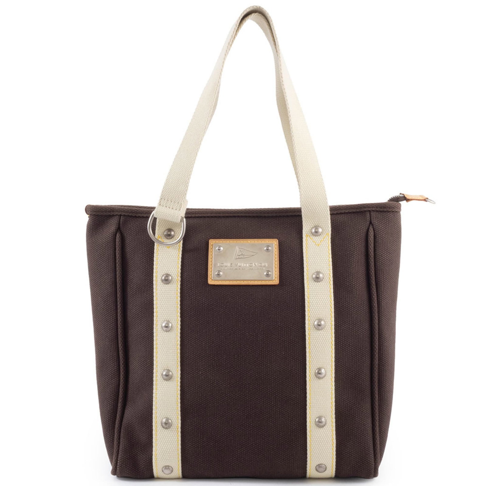 Canvas tote bag by Louis Vuitton: Canvas tote bag by Louis Vuitton Canvas tote bag by Louis Vuitton, featuring Moka color and zip closure. This stylish Antigua line tote measures 30cm x 28cm x 9.5cm and boasts a sturdy canvas