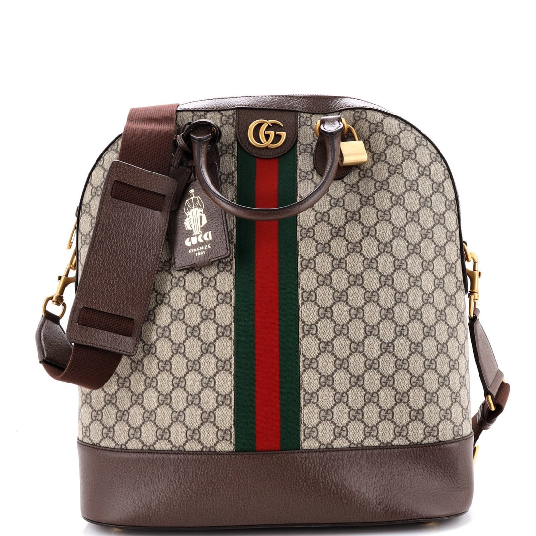 Gucci Savoy Web Bowling Tote GG Coated Canvas and Leather Small: Gucci Savoy Web Bowling Tote GG Coated Canvas and Leather Small Small Gucci Savoy Web Bowling Tote in Brown, featuring GG Coated Canvas and Leather exterior with minor scuffs and creases. This