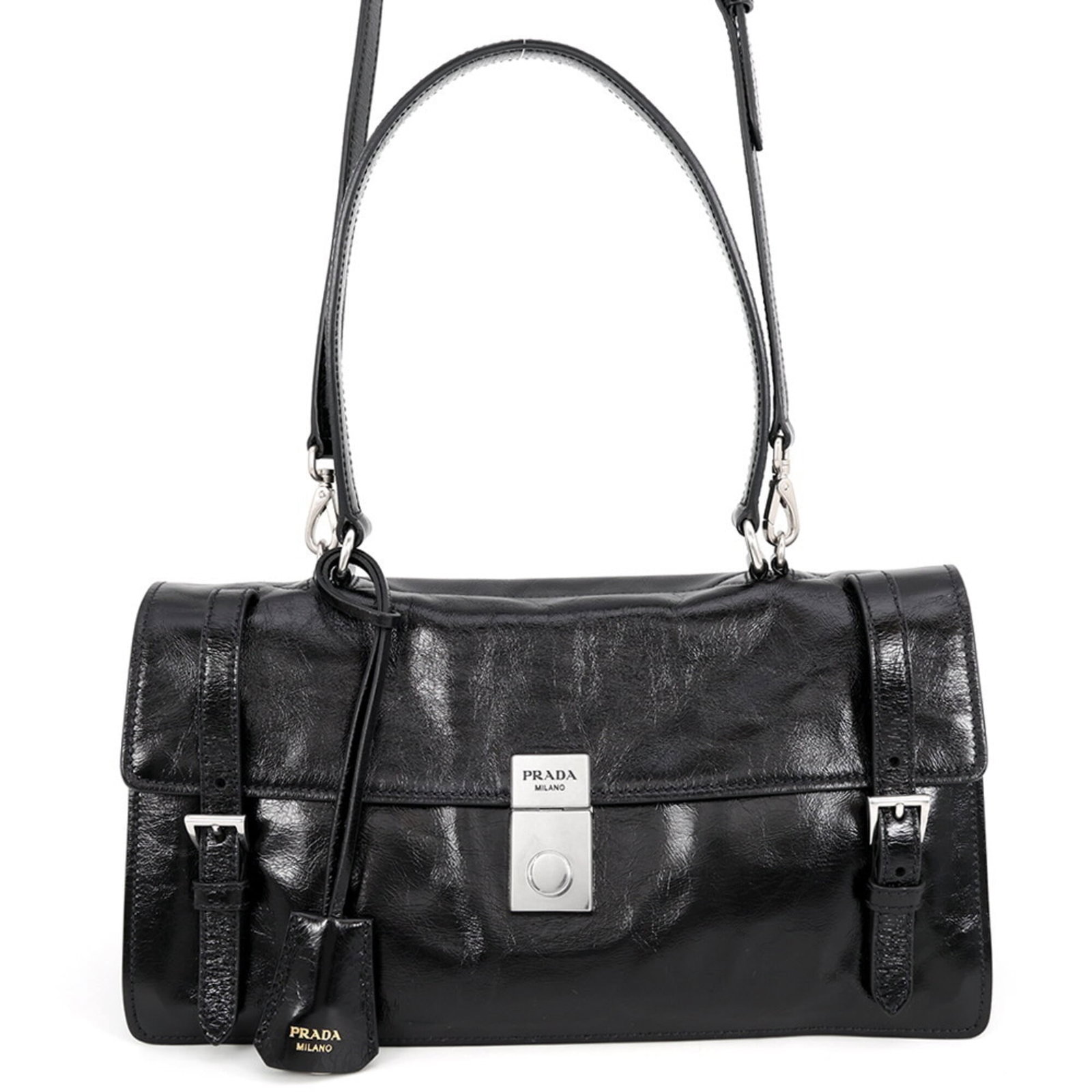 Shoulder Bag Prada Leather Handbag: Shoulder Bag Prada Leather Handbag Prada's sleek and sophisticated shoulder bag boasts a classic black leather design, measuring 17cm x 31.5cm x 12cm. Crafted from high-quality leather, this stylish