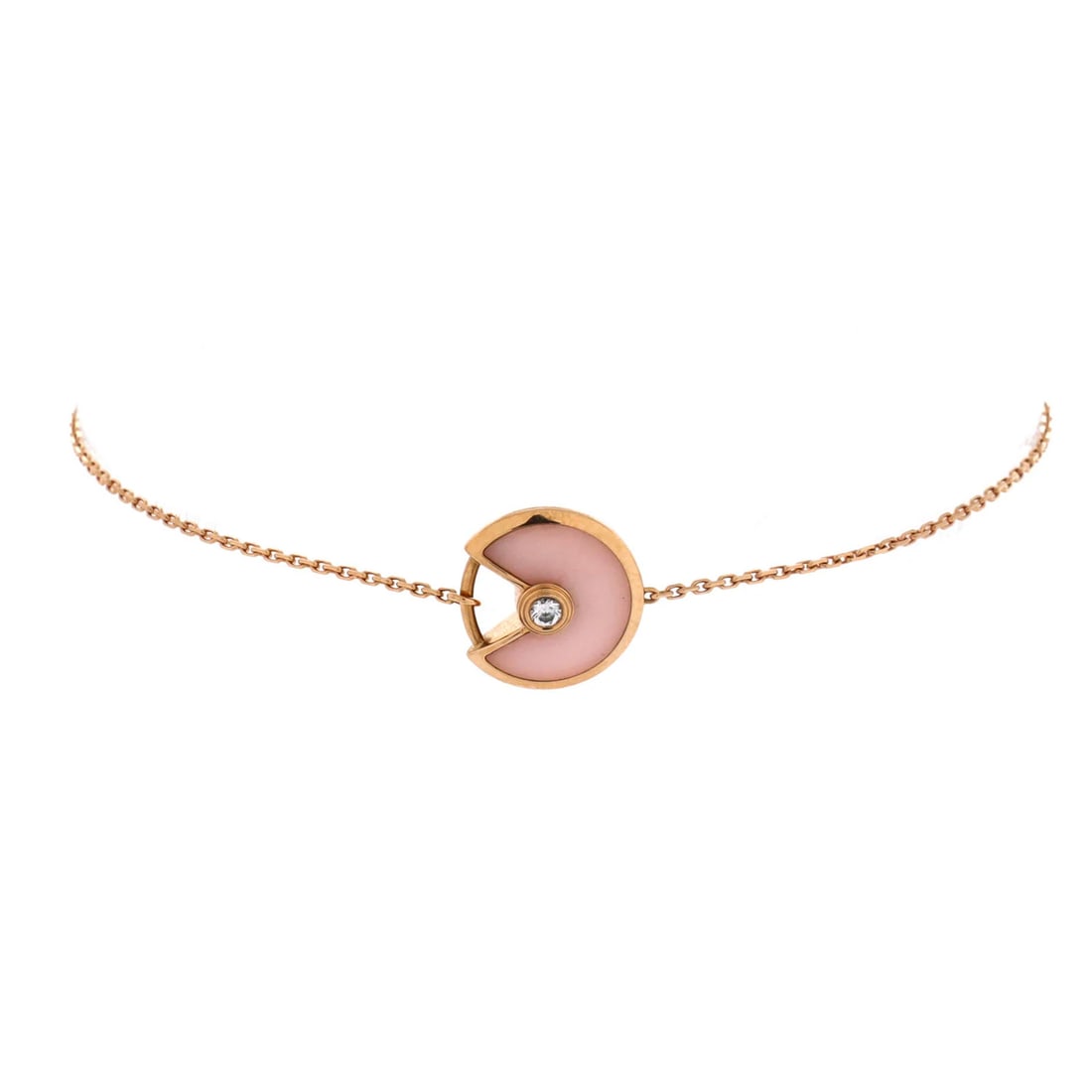 Amulette de Cartier Bracelet Rose Gold with Diamond Pink Opal: Amulette de Cartier Bracelet Rose Gold with Diamond Pink Opal The Amulette de Cartier Bracelet in rose gold features a stunning diamond and pink opal, set against an 18K rose gold background. This