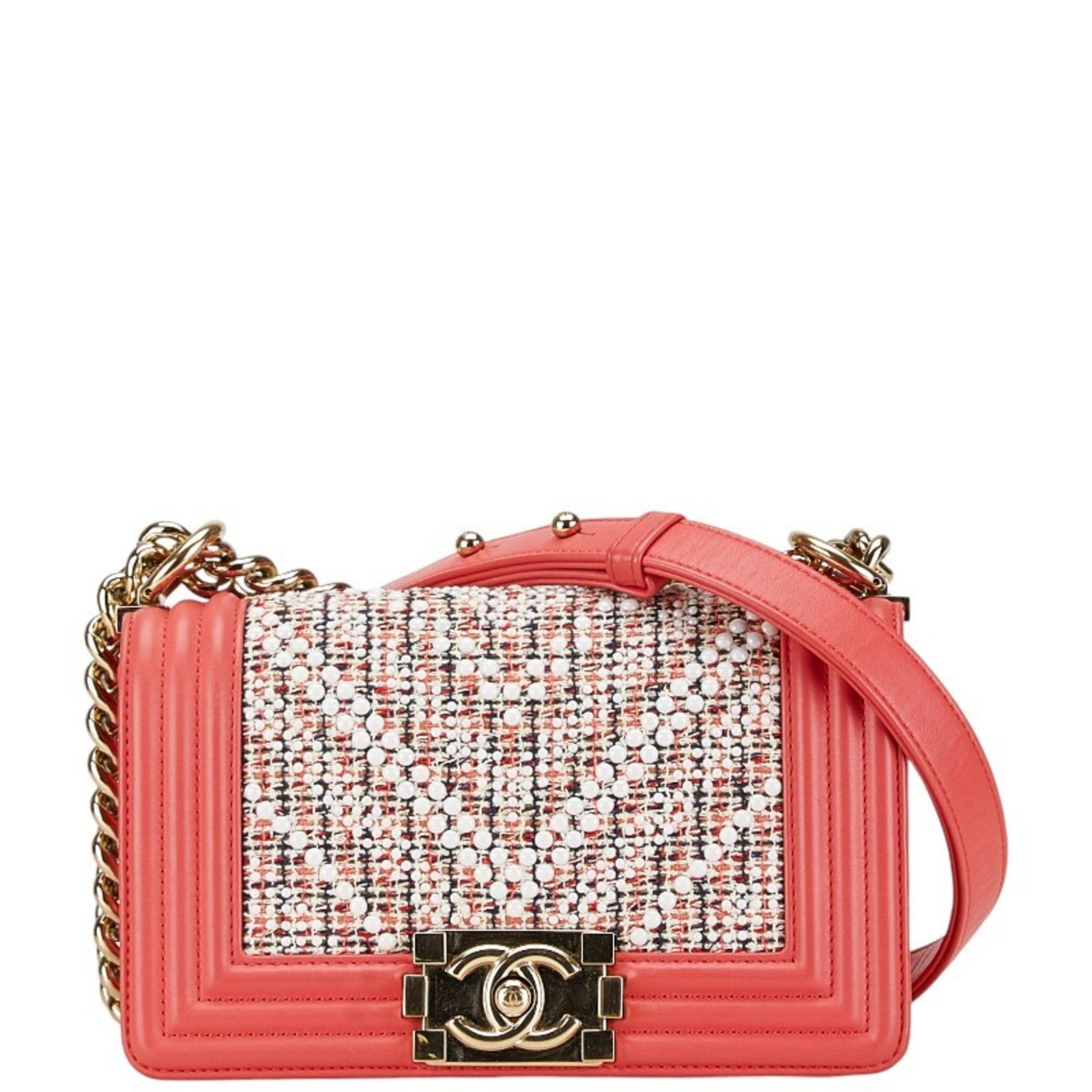 Tweed Leather Chanel Shoulder Bag: Tweed Leather Chanel Shoulder Bag Tweed Leather Chanel Shoulder Bag for sale. This Boy Chanel Coco features a unique multi-color, pink, and white tweed exterior with gold hardware and an open pocket