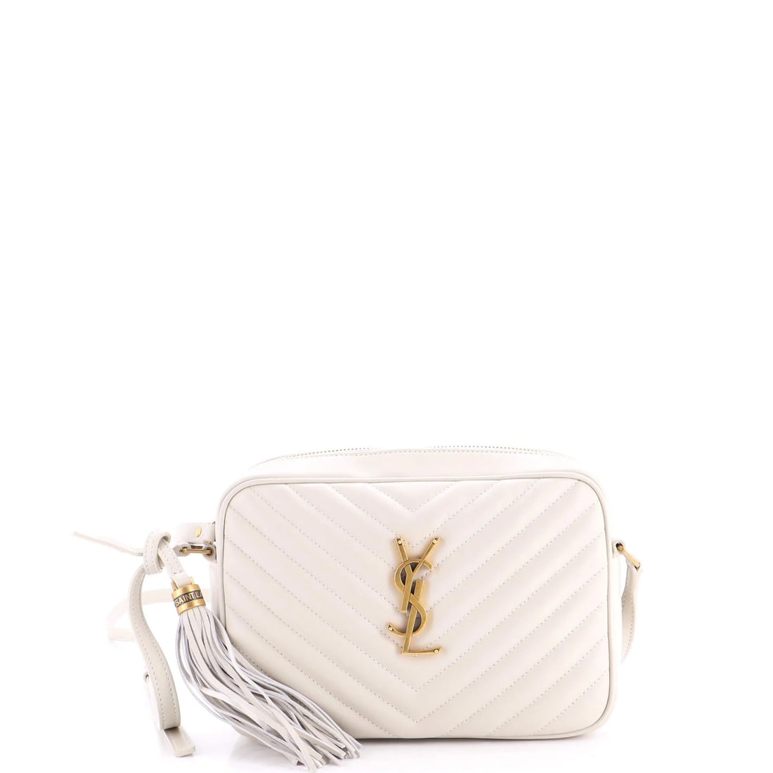 Lou Saint Laurent Camera Small Matelasse Bag Chevron Leather: Lou Saint Laurent Camera Small Matelasse Bag Chevron Leather Small Matelasse Chevron Leather Cross Body Bag from Saint Laurent. This stylish bag features white leather exterior with black interior,