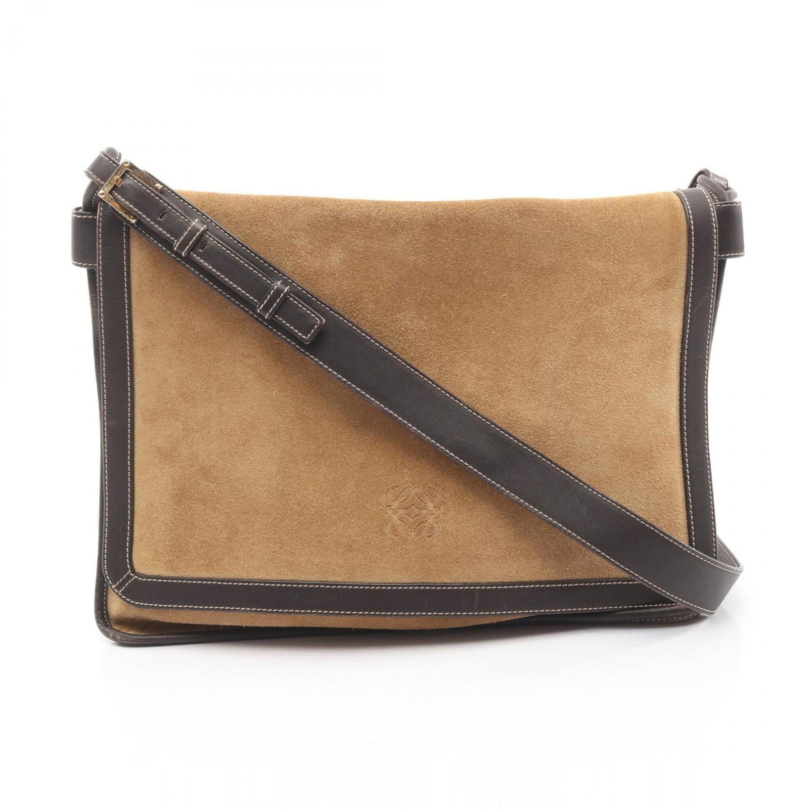 Loewe Suede Leather Handbag Shoulder Bag: Loewe Suede Leather Handbag Shoulder Bag Suede leather and rich brown tones make up the elegant Loewe shoulder bag, measuring 27.5cm x 34cm x 1cm in size. This classic design features a timeless