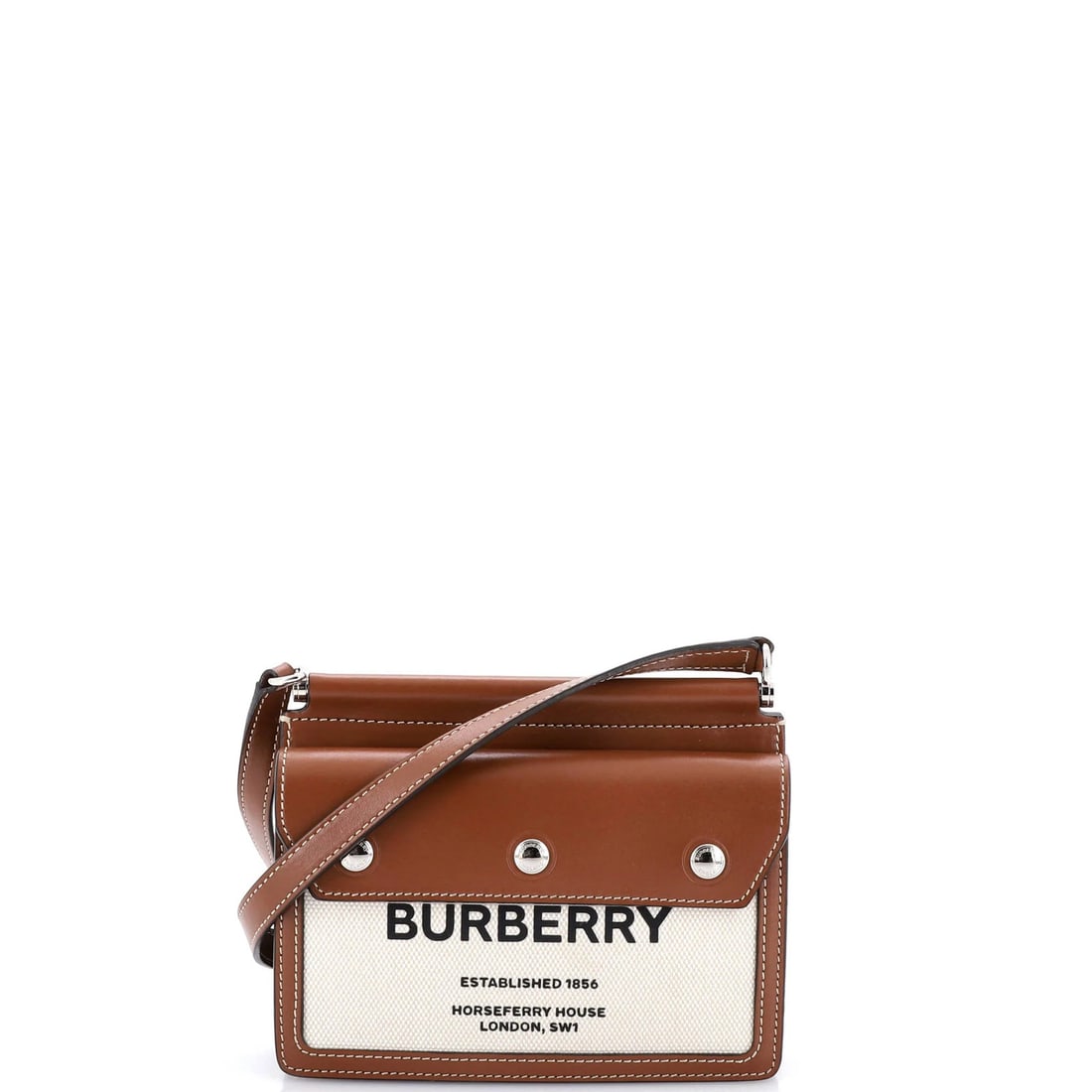 Canvas leather pocket bag with logo crossbody mini: Canvas leather pocket bag with logo crossbody mini Canvas leather pocket bag with logo crossbody mini features a neutral brown exterior and interior, complemented by silver hardware. The bag's canvas