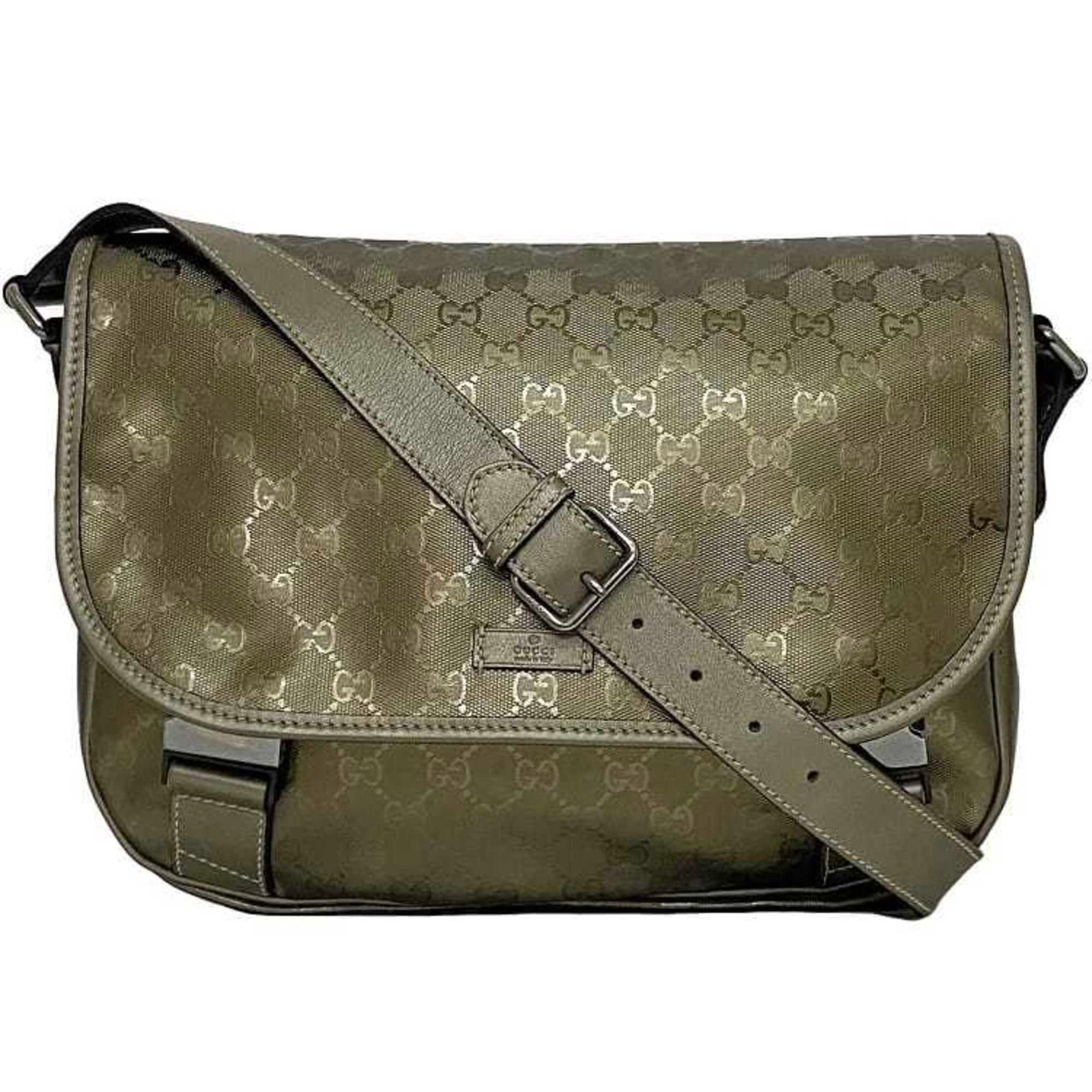 Shoulder bag coated canvas by Gucci: Shoulder bag coated canvas by Gucci Coated canvas by Gucci, a versatile shoulder bag in green and khaki hues. Measuring 26cm x 35cm x 10cm, it offers a stylish and practical solution for daily essenti