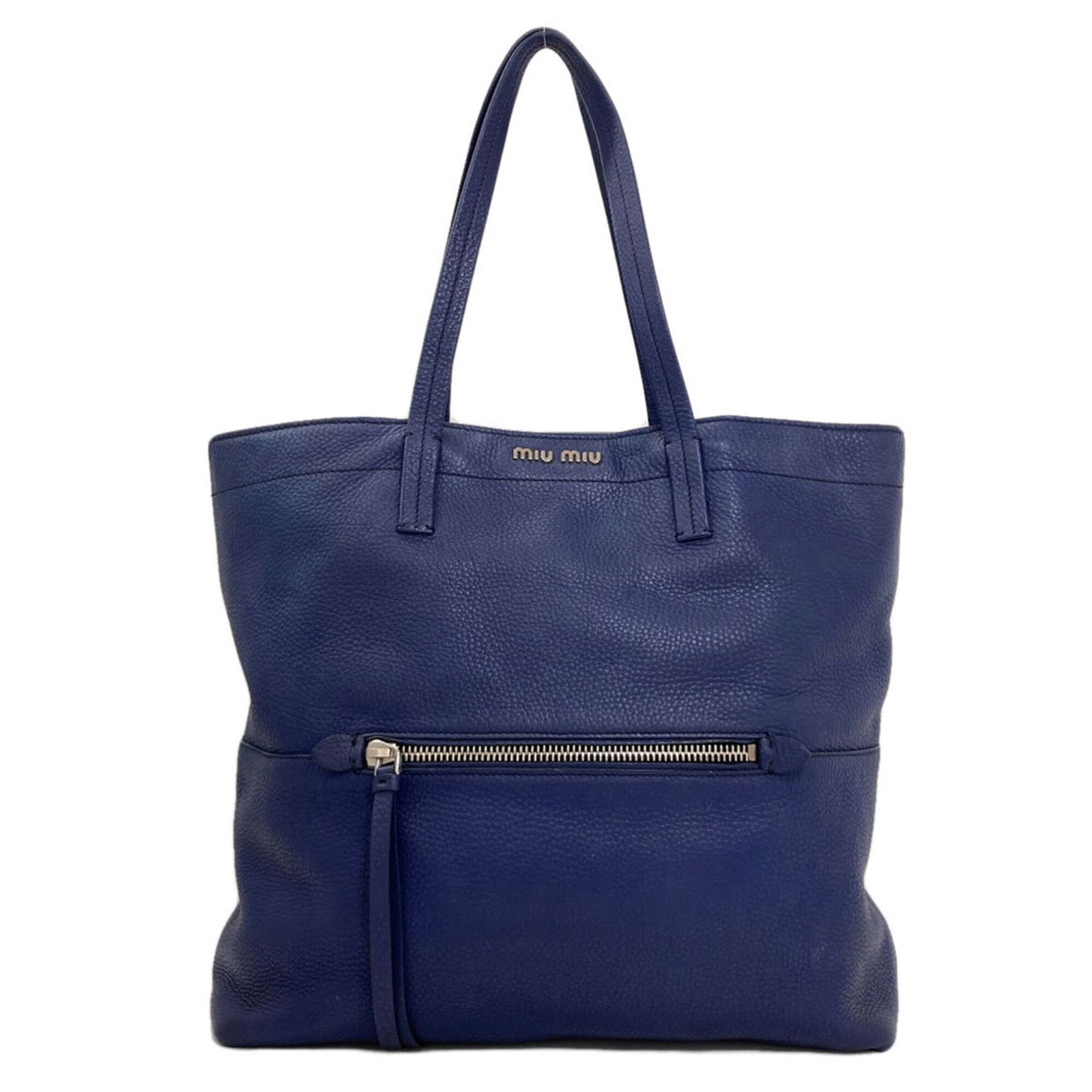 Miu Tote Bag Leather: Miu Tote Bag Leather Blue Miu Miu Leather Tote Bag with Zipper Pocket. Made from high-quality calfskin leather, this stylish tote features an open closure and a spacious zipper pocket for added conven