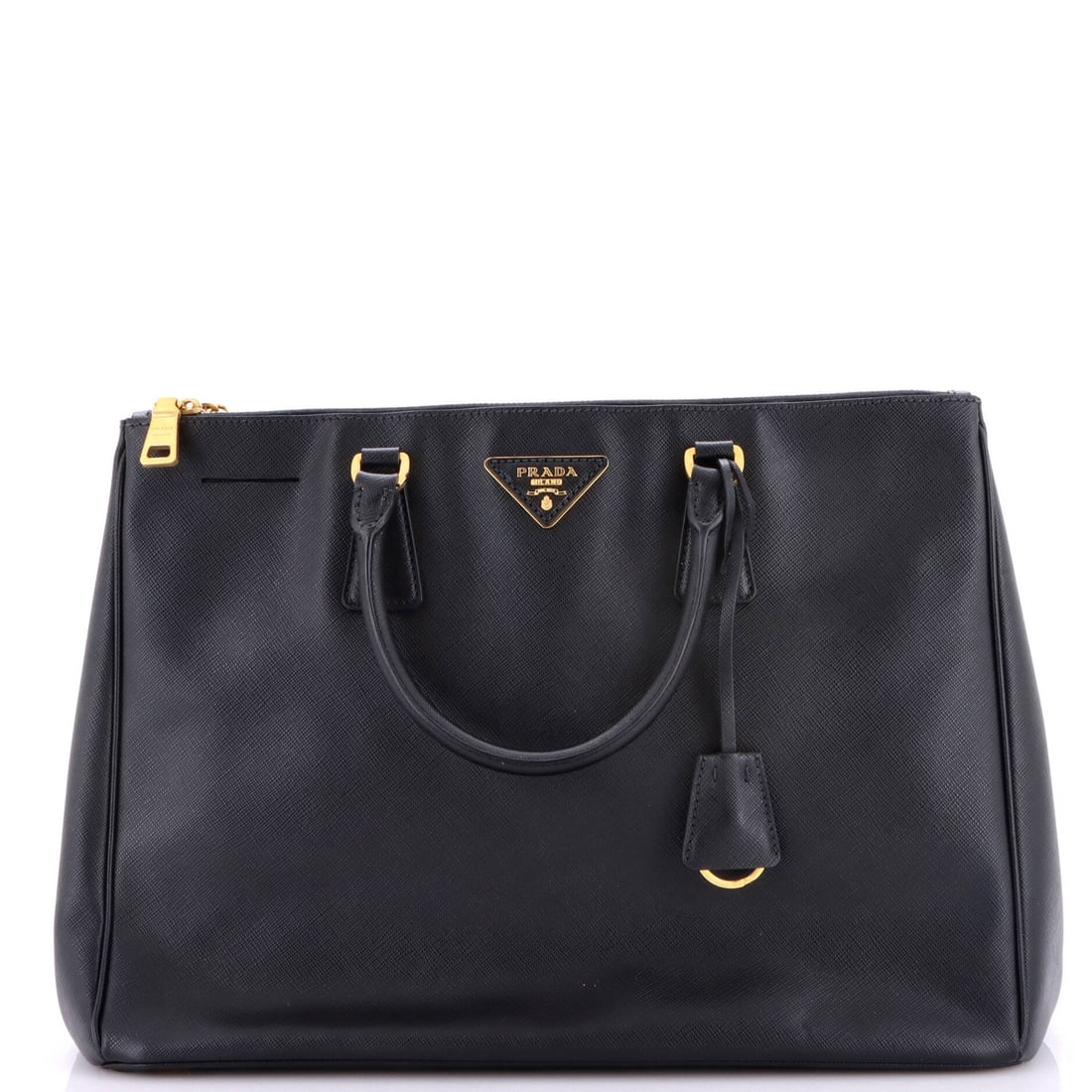 Lux Tote Saffiano Leather Large Double Prada: Lux Tote Saffiano Leather Large Double Prada Black Saffiano Leather Double Zip Lux Tote measures 10.5" high, 14.5" wide, and 6" deep, with a 4.5" drop handle and adjustable strap that falls between 18