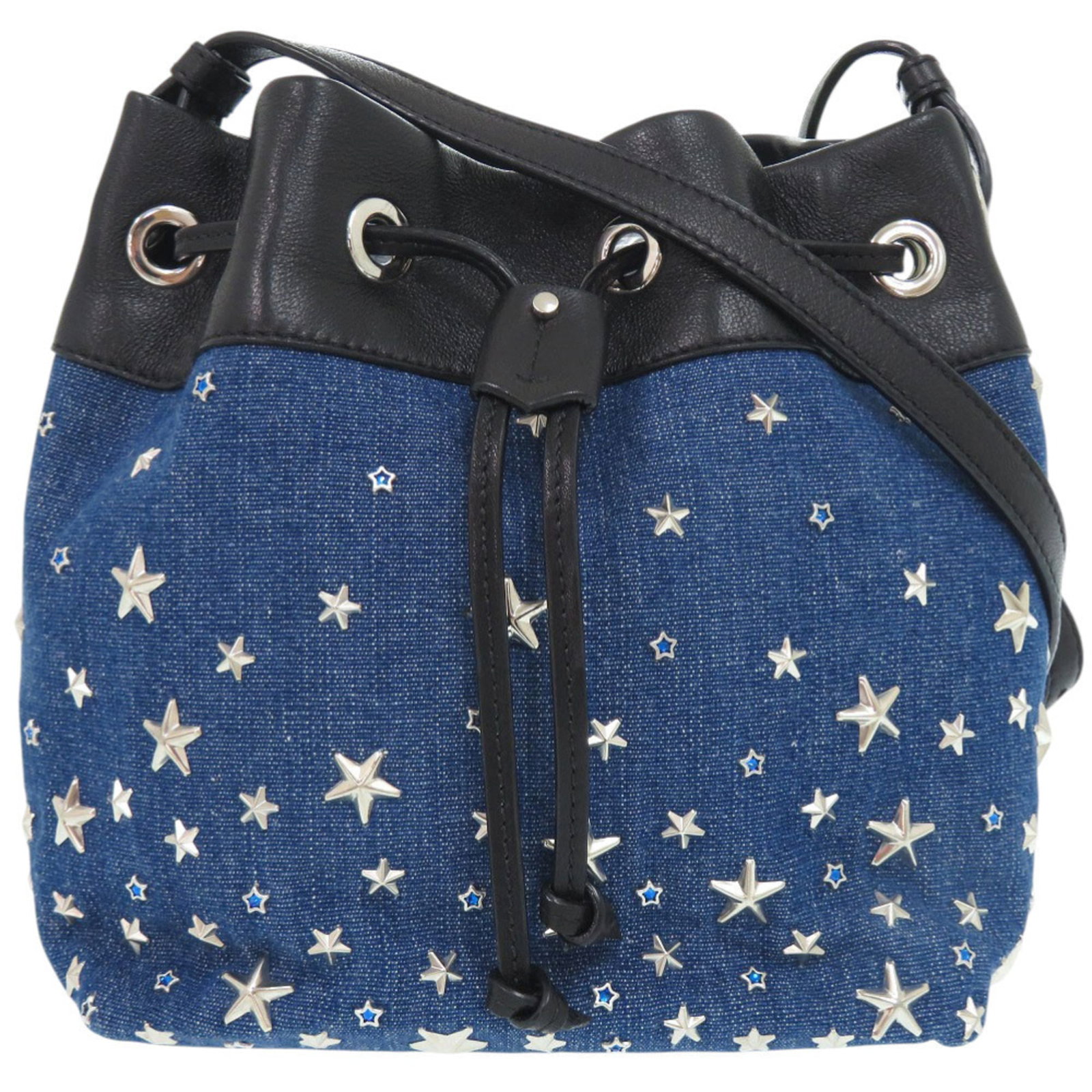 Jimmy Choo Leather Denim Bag Shoulder: Jimmy Choo Leather Denim Bag Shoulder Jimmy Choo Leather Denim Bag Shoulder in Black and Blue. This stylish shoulder bag combines denim and leather for a unique look, featuring a black and blue color