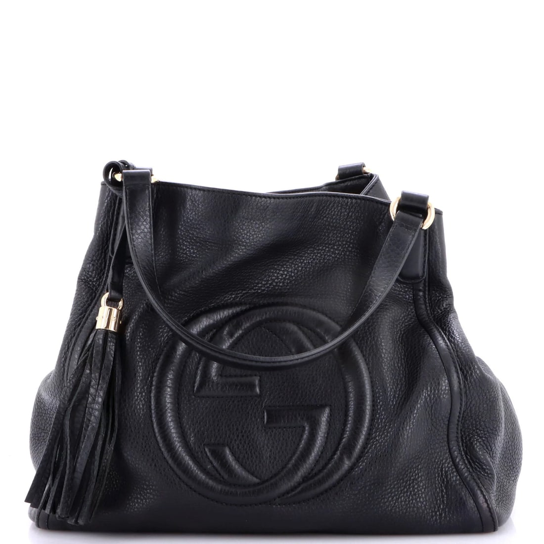 Gucci Soho Medium Leather Bag: Gucci Soho Medium Leather Bag The Gucci Soho Medium Leather Bag boasts sleek, sophisticated design with its black leather exterior and gold-tone hardware. Measuring 11" tall, 13" wide, and 7" deep,