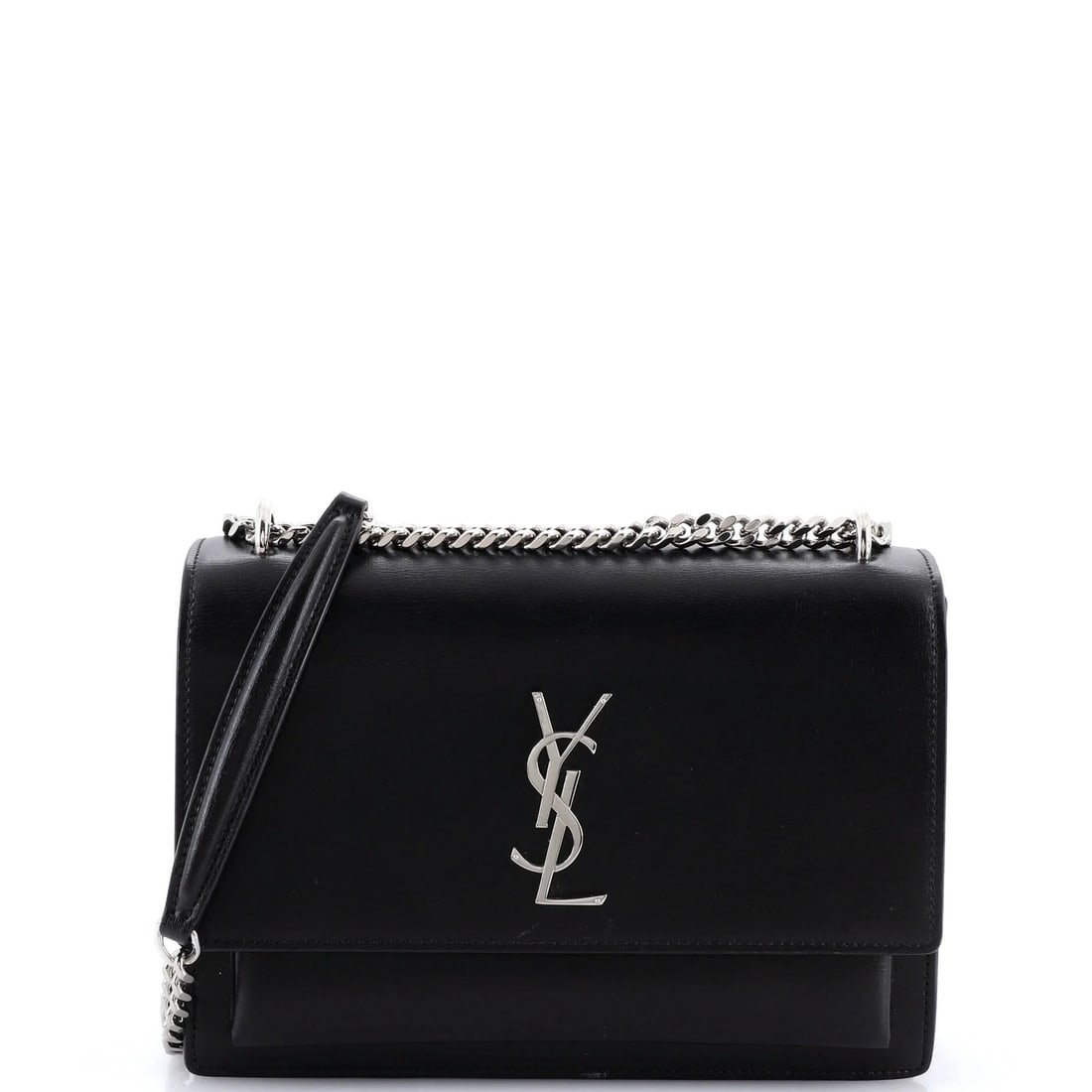 Laurent Saint Medium Leather Crossbody Sunset Bag: Laurent Saint Medium Leather Crossbody Sunset Bag Black leather crossbody bag with suede interior, featuring silver hardware and a medium size. The Sunset Crossbody Bag has a classic design with a