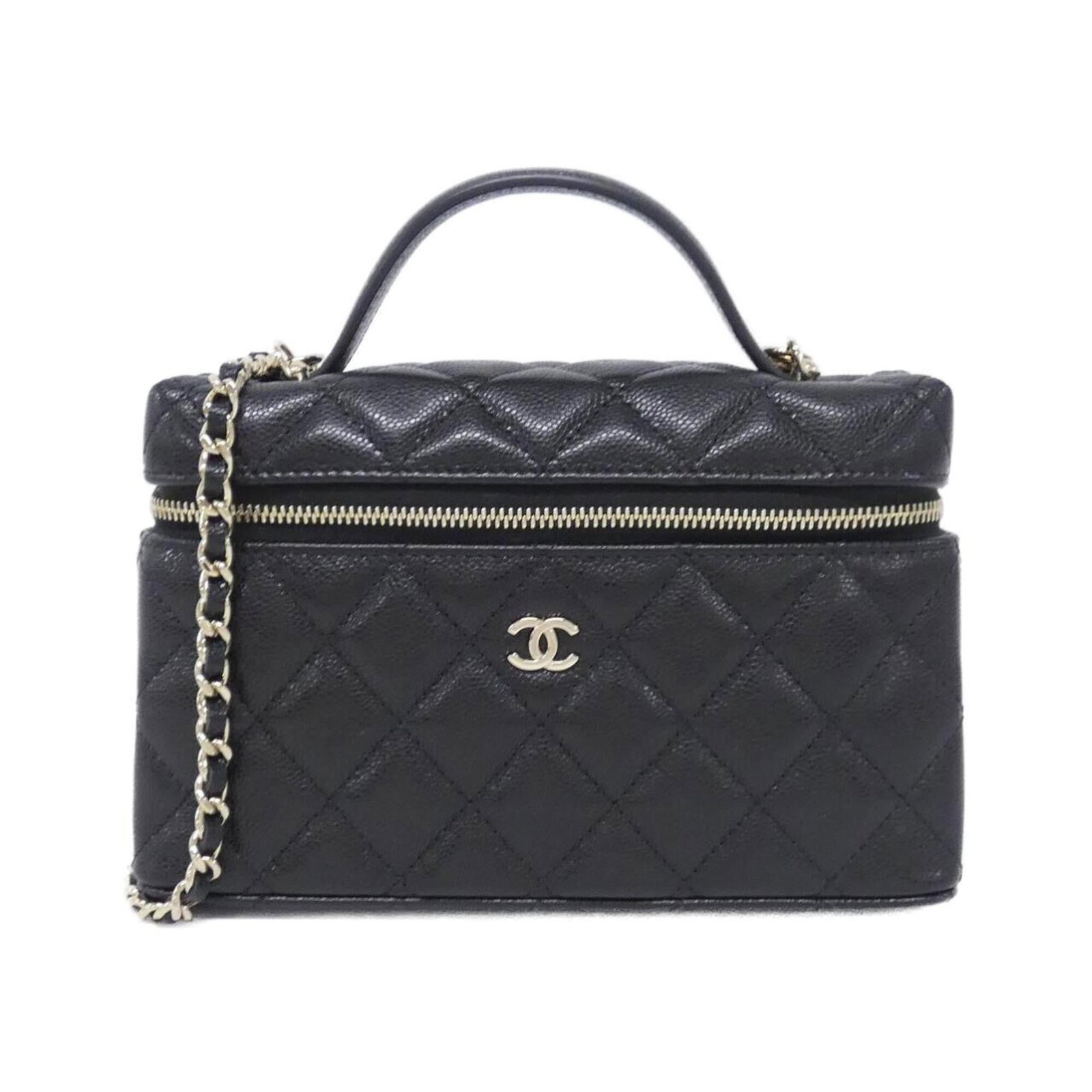 Calfskin Handbag by Chanel: Calfskin Handbag by Chanel Calfskin Handbag by Chanel boasts sleek, sophisticated design with its black grained calfskin exterior and gold hardware. Measuring 12cm x 19cm x 5cm, it features a classic 