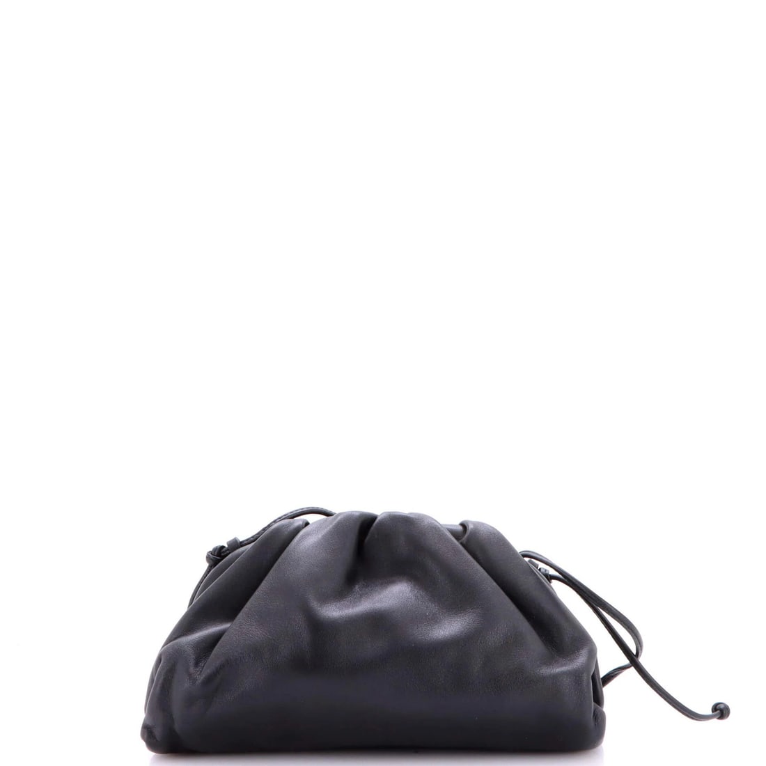 Pouch Leather Mini Bottega: Pouch Leather Mini Bottega The Pouch Leather Mini Bottega features sleek black leather exterior with silver hardware, measuring 5" high and 8.5" wide. This compact cross-body bag boasts a classic