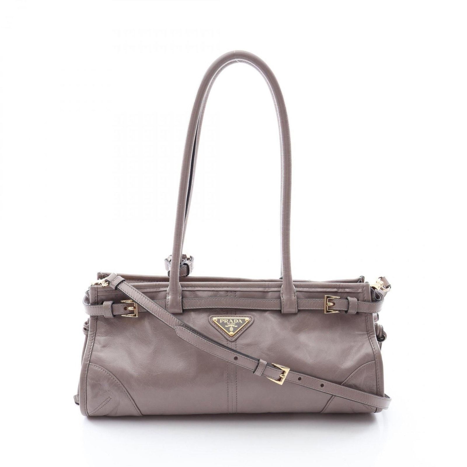 Handbag leather by Prada: Handbag leather by Prada Gray Prada leather handbag with dimensions 14cm x 32.5cm x 12.5cm, offering a compact and stylish accessory for women. The bag's material is made from high-quality leather,