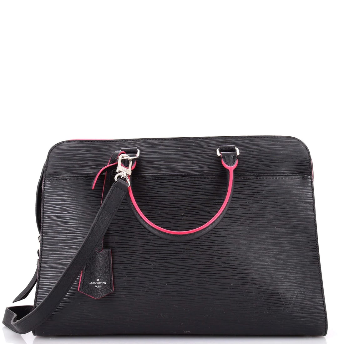 Louis Vuitton Vaneau Handbag Epi Leather: Louis Vuitton Vaneau Handbag Epi Leather Black Louis Vuitton Vaneau Handbag Epi Leather features scuffs, stains, edge wear, and minor creases on its exterior. The interior is made of fabric, while