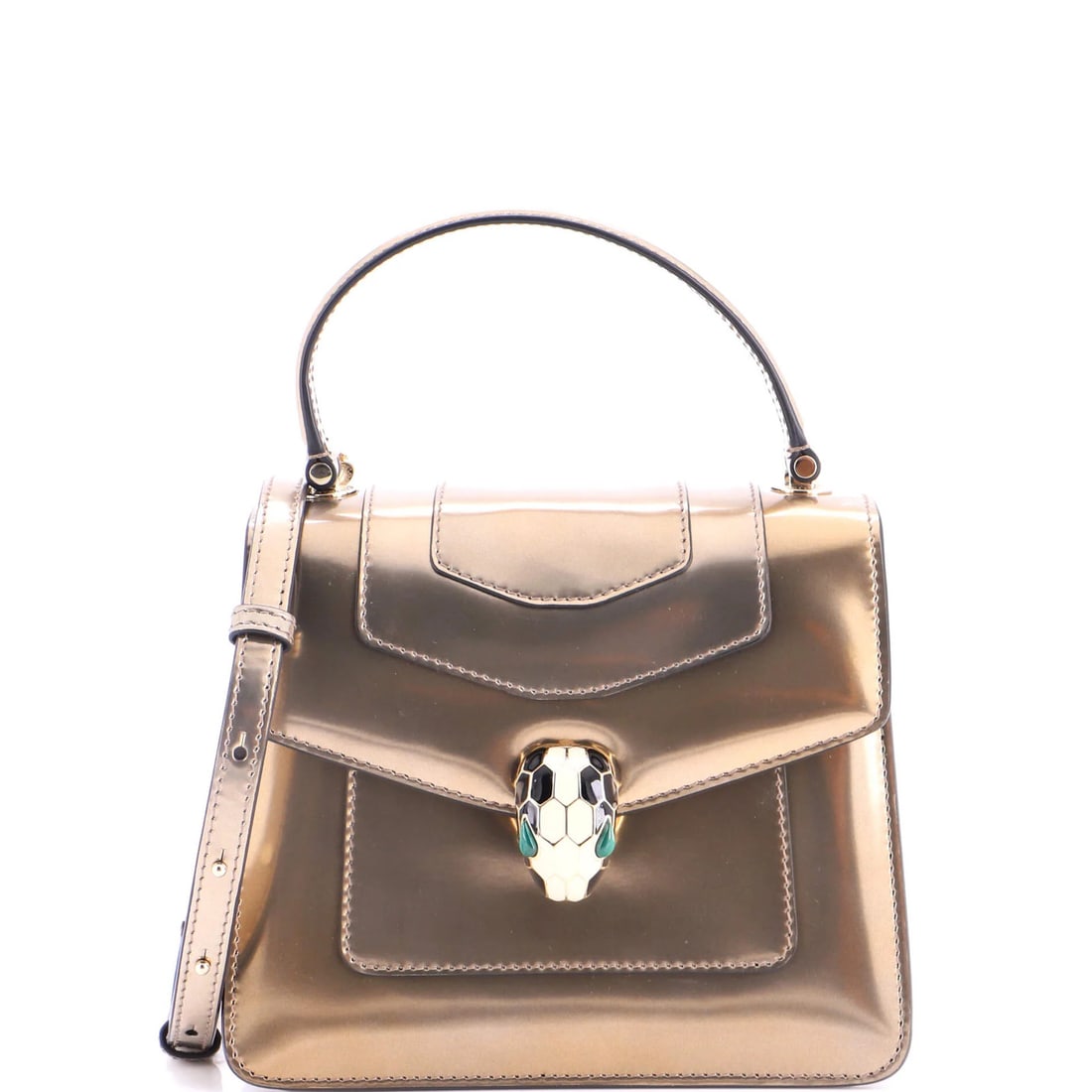 Bvlgari patent small top handle bag serpenti: Bvlgari patent small top handle bag serpenti Small Bvlgari Serpenti Top Handle Bag in Patent Leather Gold.Gold patent leather exterior with minor scuffs and creases, paired with a mirror finish strap.