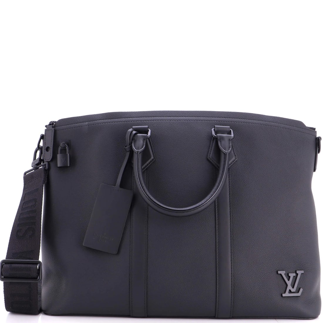Lock it tote leather Louis Vuitton: Lock it tote leather Louis Vuitton Black leather Louis Vuitton Aerogram Lock It Tote with signature, featuring corner wear, edge wear, scuffs, and minor creases. Measuring 13" tall, 17" wide, and