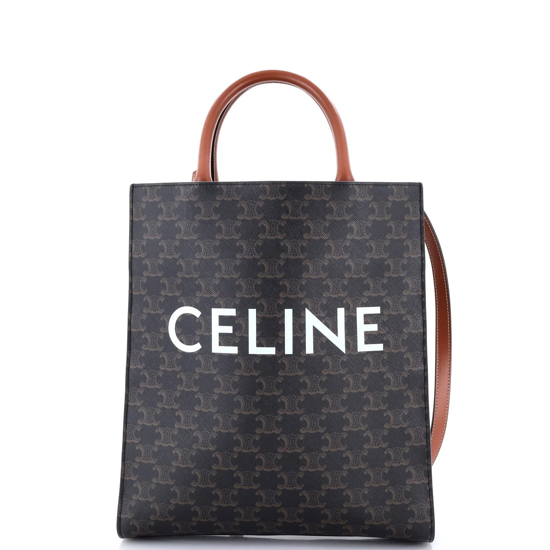 Cabas Small Tote Coated Canvas Triomphe Celine Vertical: Cabas Small Tote Coated Canvas Triomphe Celine Vertical Small Brown Cabas Triomphe Tote with Coated Canvas Exterior and Gold Hardware. This vertical tote features a brown canvas exterior, gold hardwar