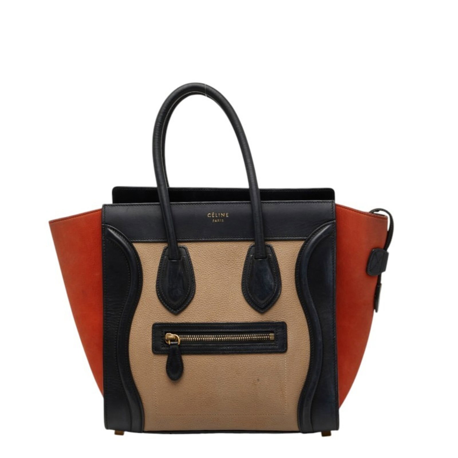 Leather Tote Celine Handbag: Leather Tote Celine Handbag Beige, black, and orange leather Celine handbag with classic tote design. Made from high-quality leather, this bag features a timeless size of 25.5cm x 39cm x 13cm. Perfect