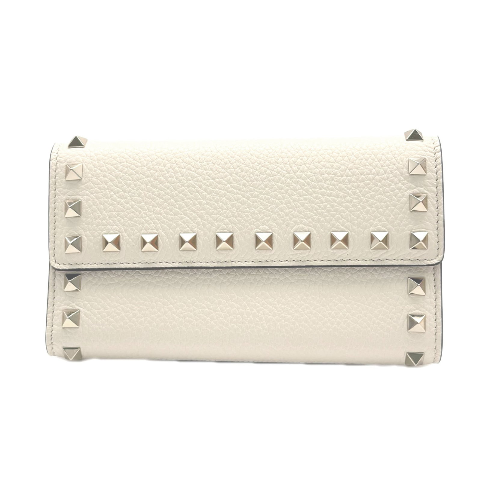Leather Bi Fold Valentino Wallet: Leather Bi Fold Valentino Wallet Valentino's iconic bi-fold wallet boasts sleek ivory leather and RFID-blocking technology, offering a sophisticated touch to any daily carry. The compact design measur