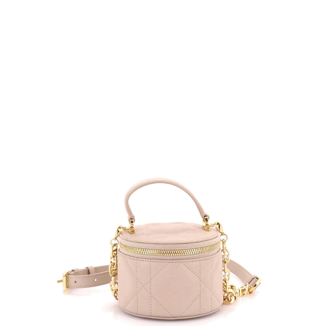 Christian Dior Lambskin Quilt Cannage Mini Round Vanity on Chain: Christian Dior Lambskin Quilt Cannage Mini Round Vanity on Chain Mini Round Vanity on Chain Cannage Quilt Lambskin Cosmetic Case by Christian Dior features a neutral exterior with faux pearl leather a