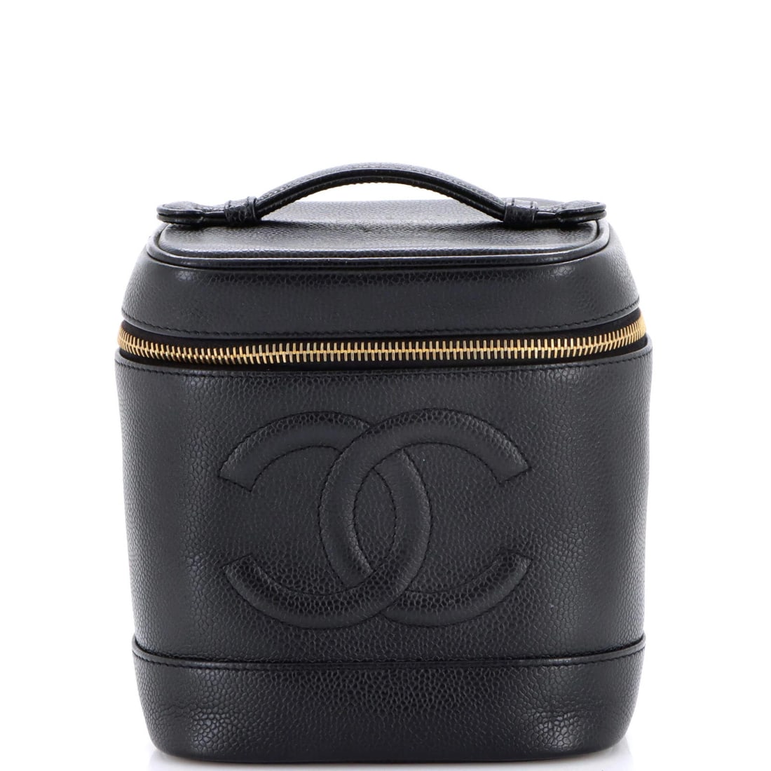 Chanel Vintage Timeless Cosmetic Case Caviar Tall: Chanel Vintage Timeless Cosmetic Case Caviar Tall Black leather exterior with aged gold hardware, featuring a classic caviar pattern on the tall version of Chanel's timeless cosmetic case. The interio