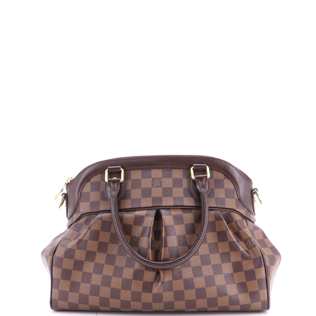 Damier PM Handbag Trevi Vuitton Louis: Damier PM Handbag Trevi Vuitton Louis Brown Damier PM Handbag with Gold Hardware, featuring a classic satchel style and canvas coated exterior. Measuring 10" tall and 13.5" wide, it has a 6" handle dr