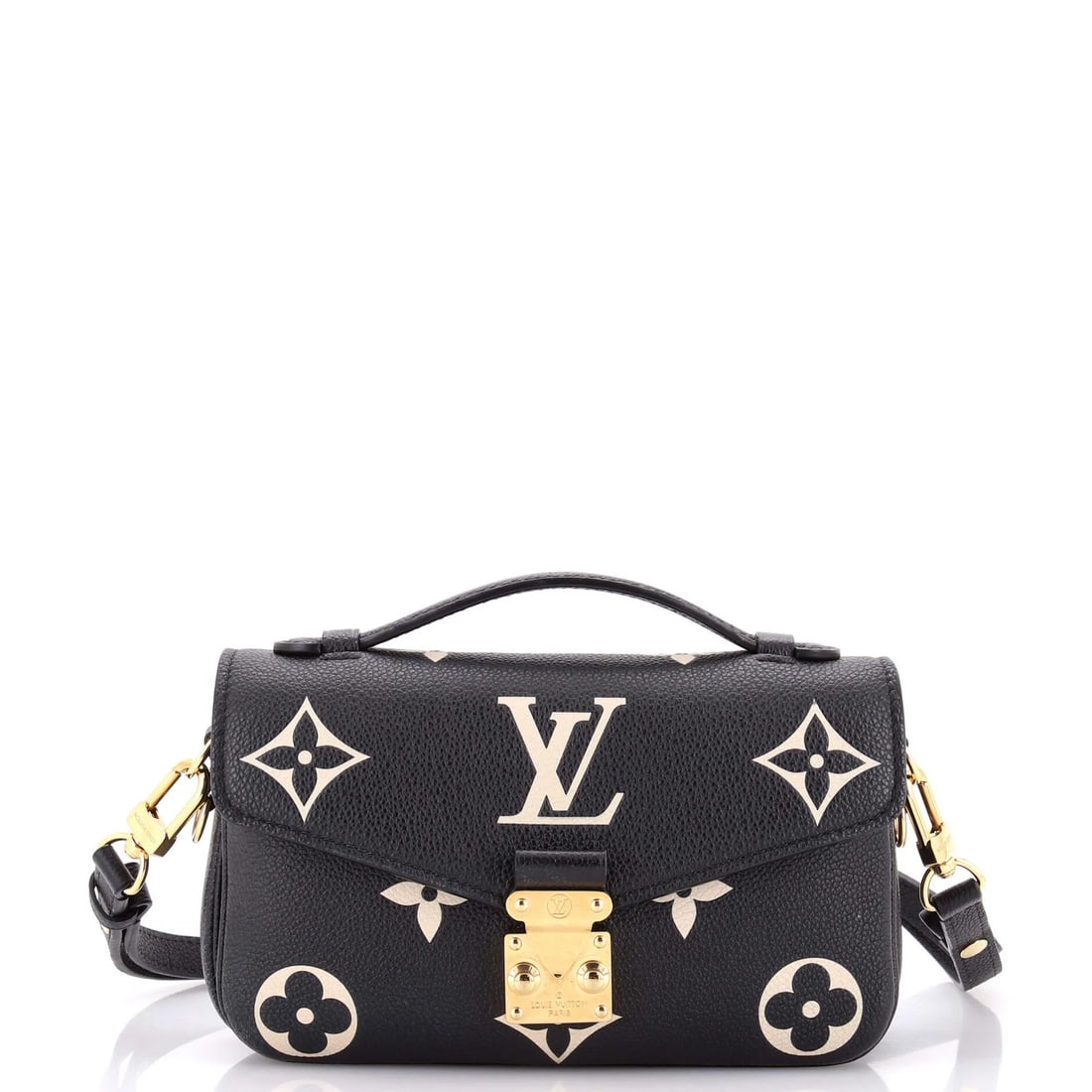 Louis Vuitton Pochette Metis Bicolor Monogram Empreinte Giant East West: Louis Vuitton Pochette Metis Bicolor Monogram Empreinte Giant East West Black Louis Vuitton Pochette Metis Bicolor Monogram Empreinte Giant East West shoulder bag features a classic design with a gian