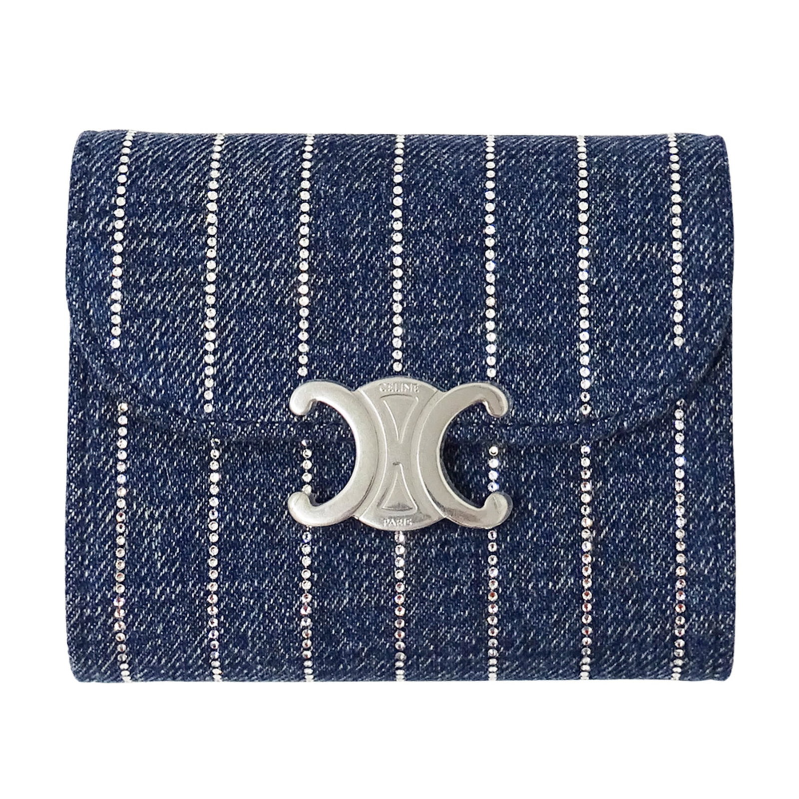 Celine Wallet (Tri-Fold) Denim: Celine Wallet (Tri-Fold) Denim Celine's tri-fold denim wallet boasts a stylish, all-denim design in blue. Measuring 9cm x 10.5cm x 3.5cm, it offers a compact and portable storage solution. Made from