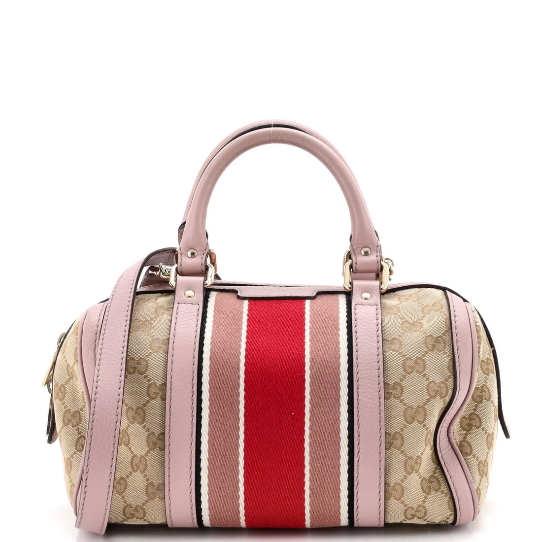 Boston Small GG Canvas Bag Vintage Gucci Web: Boston Small GG Canvas Bag Vintage Gucci Web Small Vintage Gucci Web Boston Bag in Pink Canvas with Gold Tone Hardware. This stylish bag boasts a unique web design and features a pink canvas