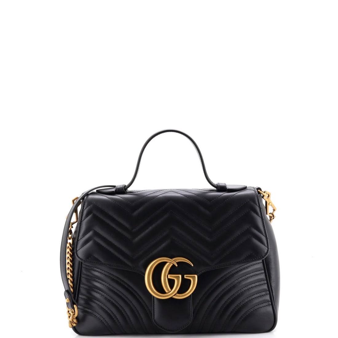 Gucci GG Marmont Matelasse Medium Leather Top Handle Bag Flap: Gucci GG Marmont Matelasse Medium Leather Top Handle Bag Flap Black GG Marmont Matelasse Leather Medium Top Handle Flap Bag with Aged Gold Hardware, featuring minor scuffs and creases. This medium-siz