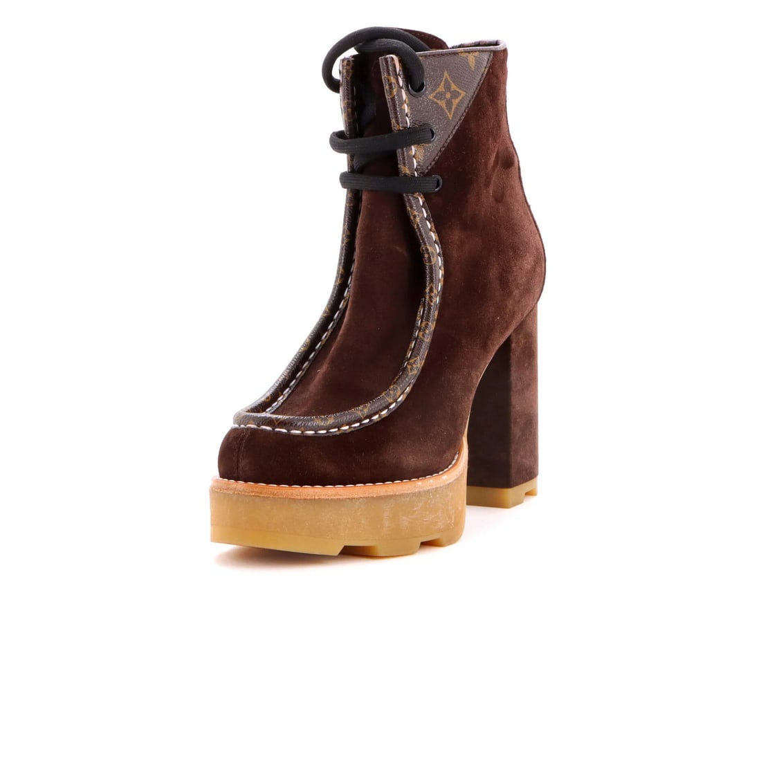 Women's Combat Boots Heeled Beaubourg Monogram Suede With LV Louis Vuitton: Women's Combat Boots Heeled Beaubourg Monogram Suede With LV Louis Vuitton Women's Louis Vuitton Beaubourg Heeled Combat Boots in Brown Suede with Monogram Canvas feature a classic design and premium