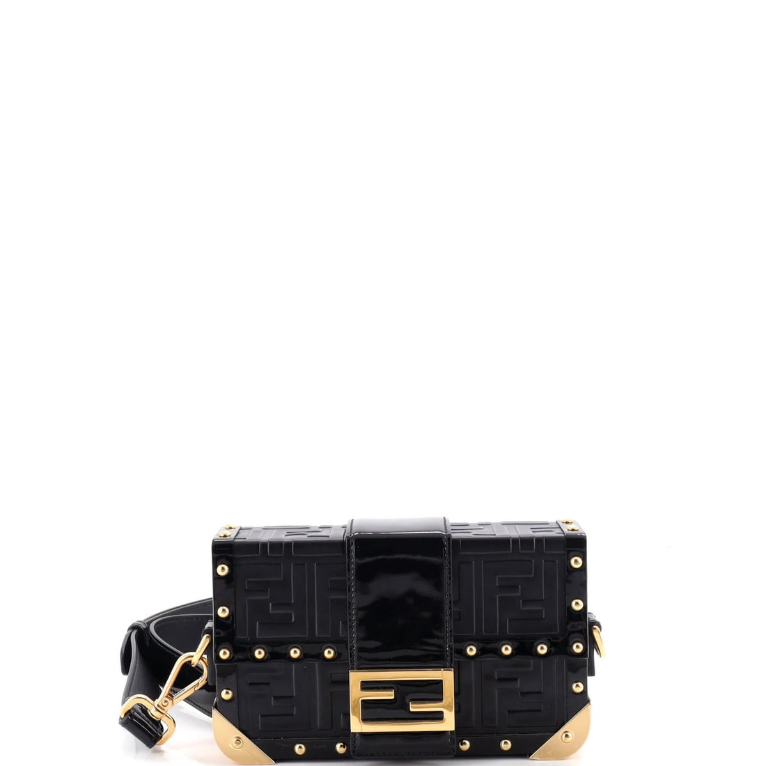 Baguette Zucca Fendi Embossed Leather Mini Trunk: Baguette Zucca Fendi Embossed Leather Mini Trunk Black Fendi Baguette Zucca Embossed Leather Mini Trunk with gold hardware, featuring minor scuffs on the exterior and interior, minor creases on the