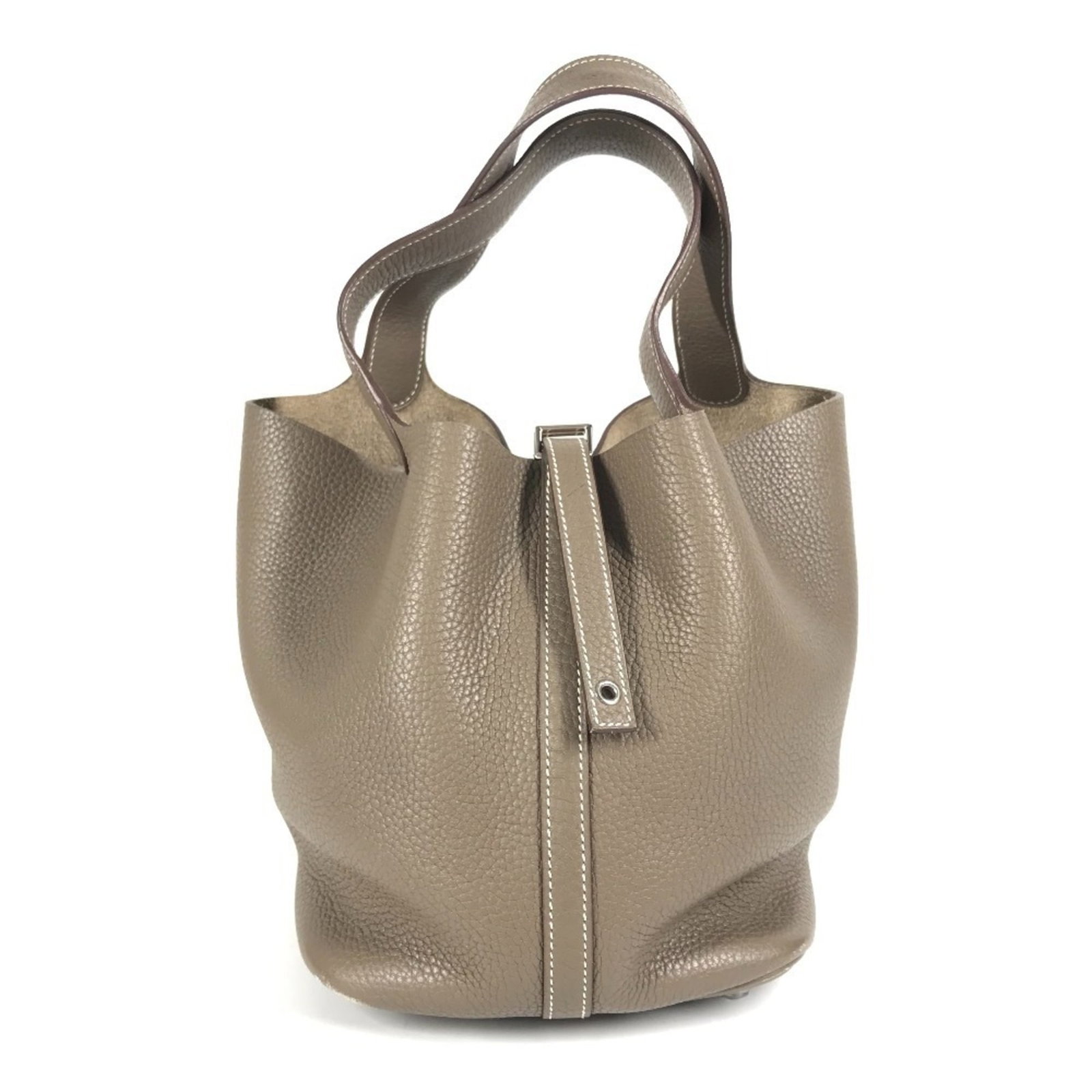 Hermes Handbag Taurillon Leather Clemence: Hermes Handbag Taurillon Leather Clemence Etoupe gray Taurillon clemence leather gives this Picotin handbag its distinctive look and feel. The compact size, measuring 21cm x 22cm x 17.5cm, makes it a