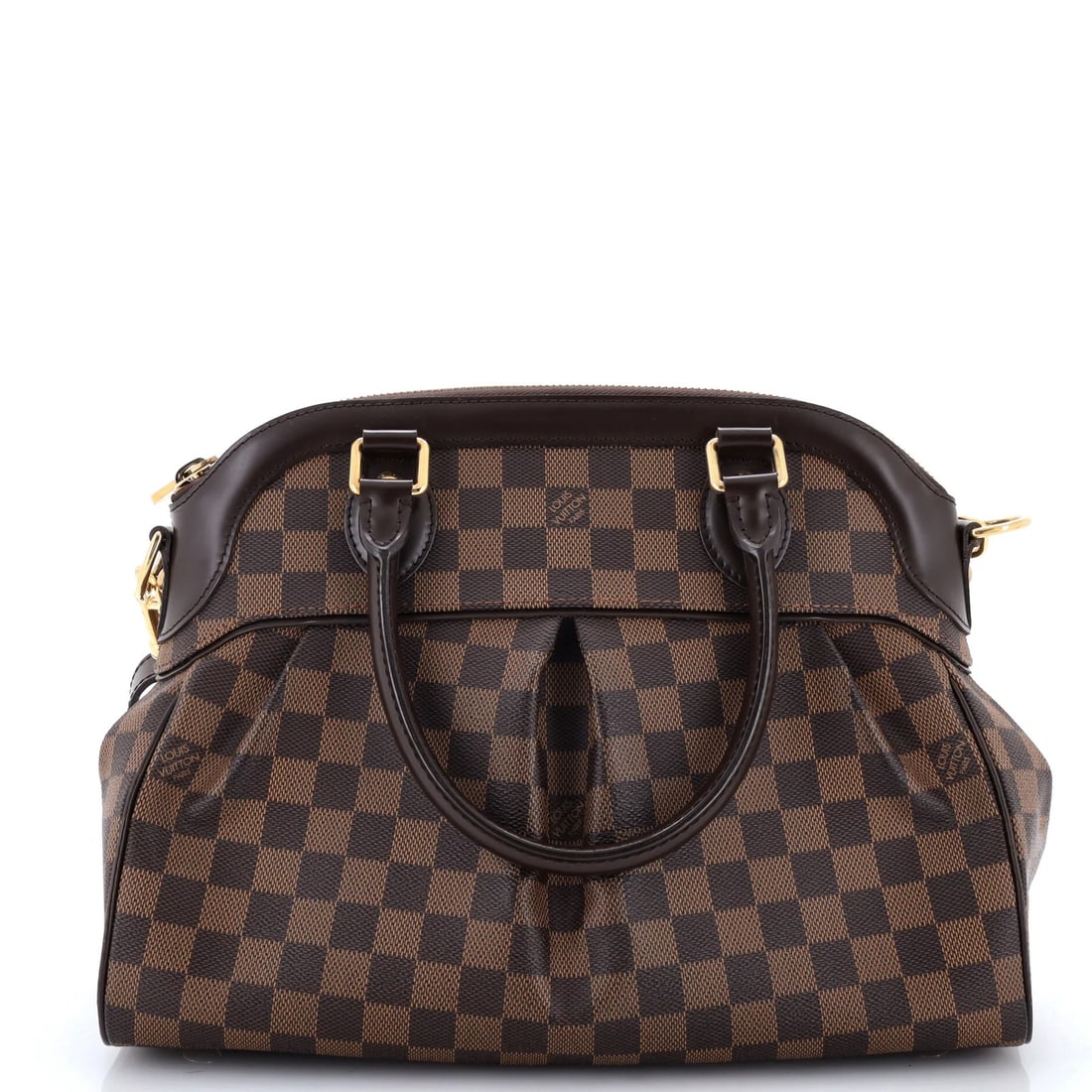 Damier PM Handbag Trevi Vuitton Louis: Damier PM Handbag Trevi Vuitton Louis Brown Damier PM Handbag with Gold Hardware, featuring a canvas coated exterior and microfiber interior in red. This Louis Vuitton Trevi handbag measures 10"