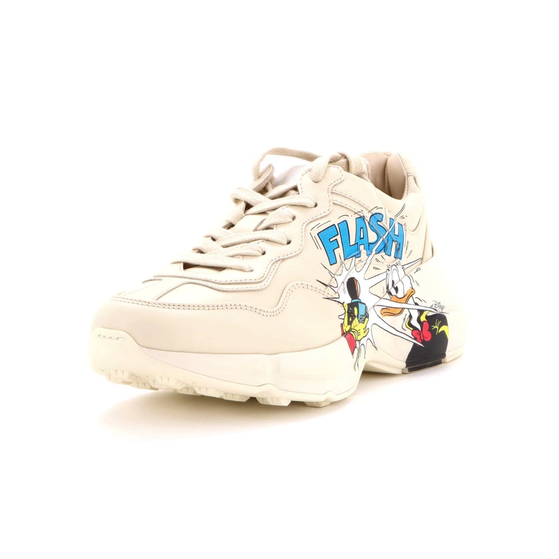 Gucci Disney Rhyton Sneakers Printed Leather: Gucci Disney Rhyton Sneakers Printed Leather White Gucci Disney Rhyton Sneakers Printed Leather are available in US(M) 1.5 and IT 34.5 sizes, featuring a printed leather design with white upper and