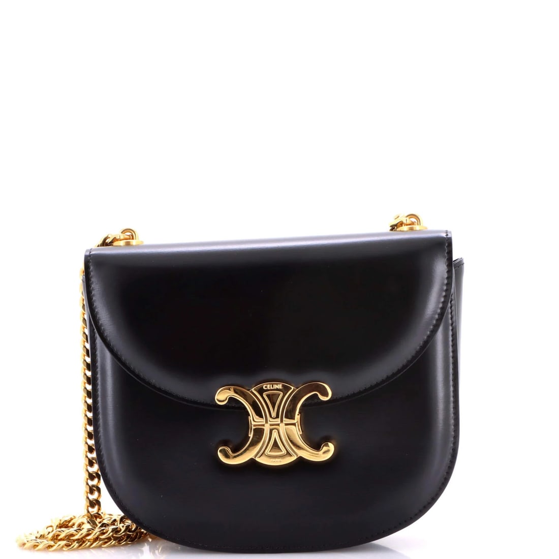 Celine Triomphe Besace Clea Chain Flap Bag Leather: Celine Triomphe Besace Clea Chain Flap Bag Leather Black Celine Triomphe Besace Clea Chain Flap Bag Leather, featuring exterior and interior leather construction with black hardware. Measuring approxi