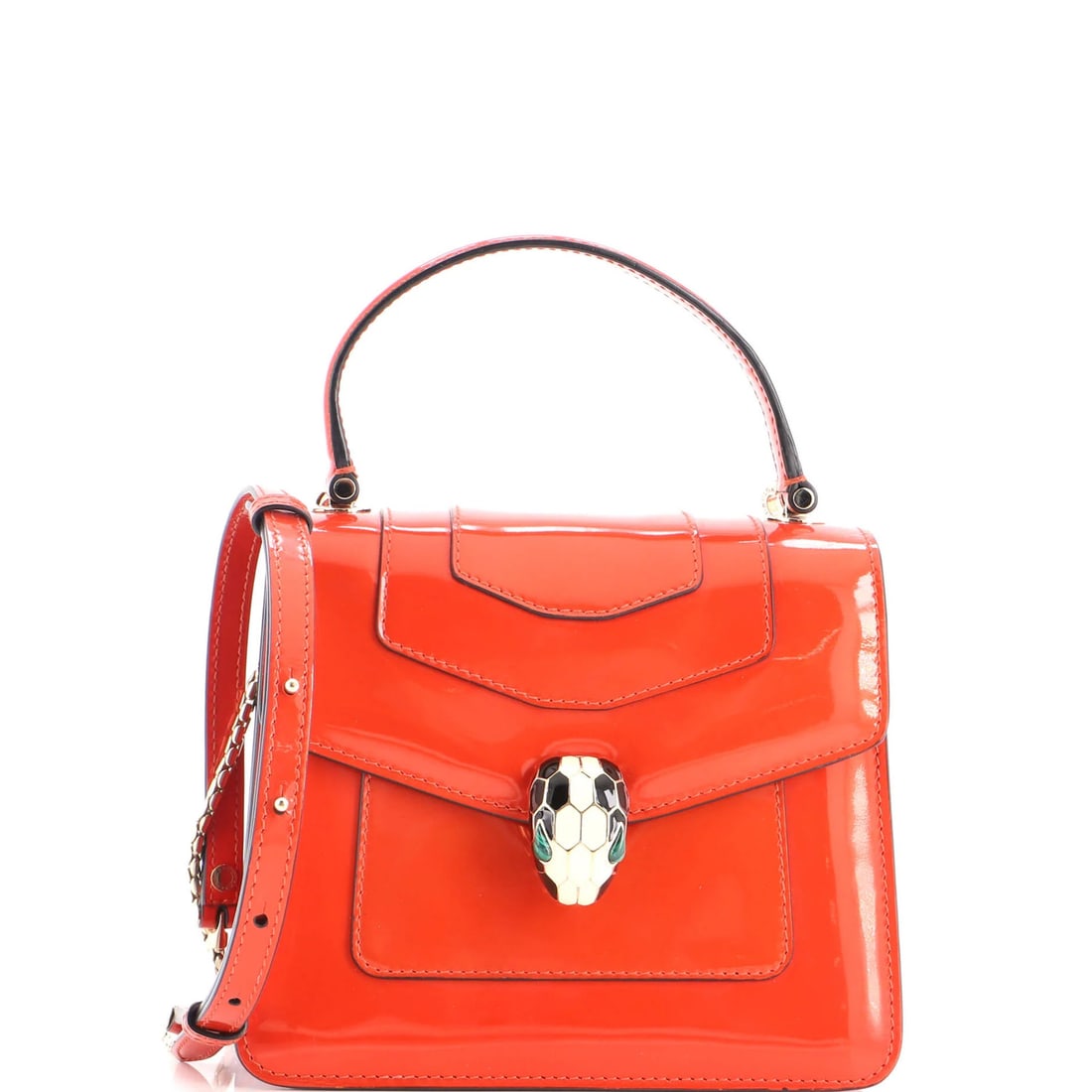 Bvlgari patent small top handle bag serpenti: Bvlgari patent small top handle bag serpenti Patent leather exterior in vibrant orange, the Bvlgari Serpenti top handle bag boasts a striking design. With its small size and gold-tone hardware, this