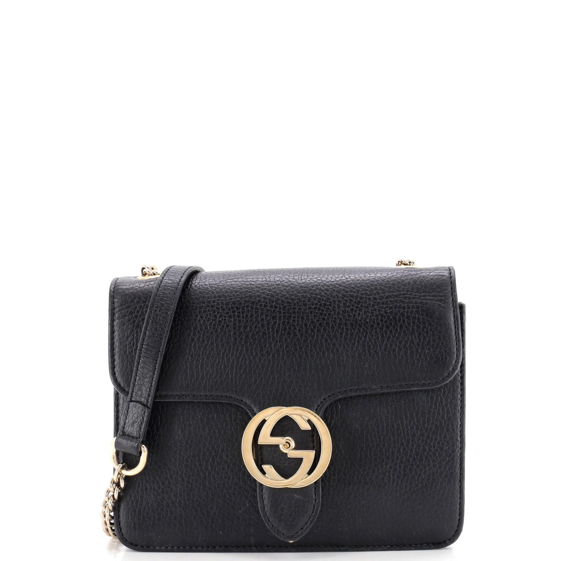Small leather bag interlocking shoulder Gucci: Small leather bag interlocking shoulder Gucci Small interlocking shoulder bag from Gucci, featuring black leather exterior with neutral interior and gold hardware. The bag measures 11" handle drop, 5.