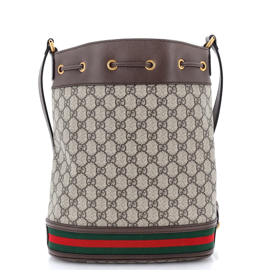 Gucci Ophidia Bucket Bag GG Coated Canvas Medium: Gucci Ophidia Bucket Bag GG Coated Canvas Medium Medium Gucci Ophidia Bucket Bag in Brown GG Coated Canvas, featuring a classic bucket style with scuffs and edge wear on the exterior. The bag boasts a