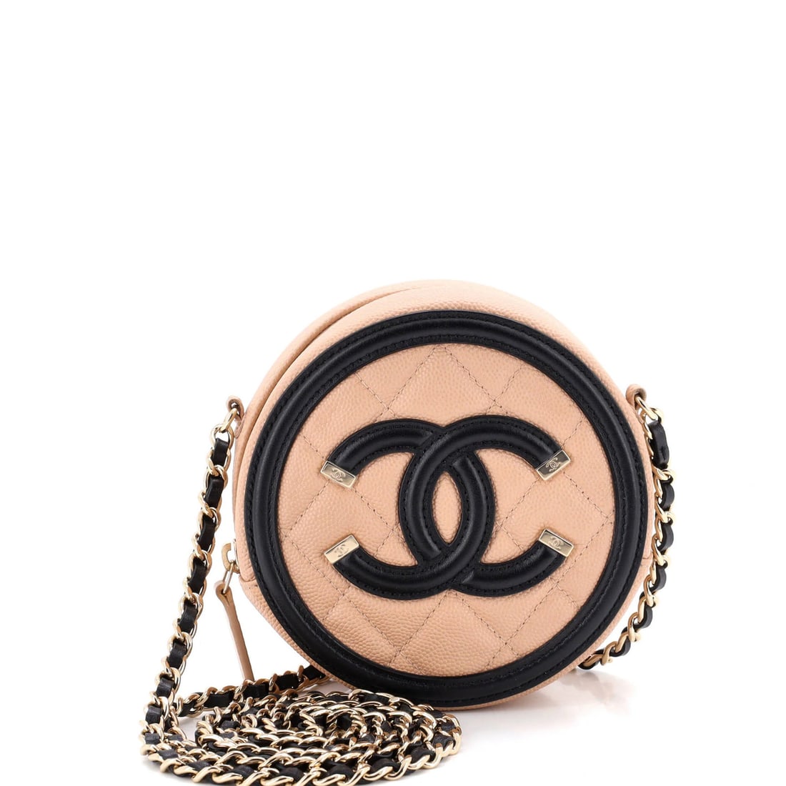 Chanel chain quilted mini caviar clutch with filigree round: Chanel chain quilted mini caviar clutch with filigree round Chanel's iconic chain quilted mini caviar clutch boasts a sleek, neutral exterior with subtle minor scuffs and edge wear. The filigree round