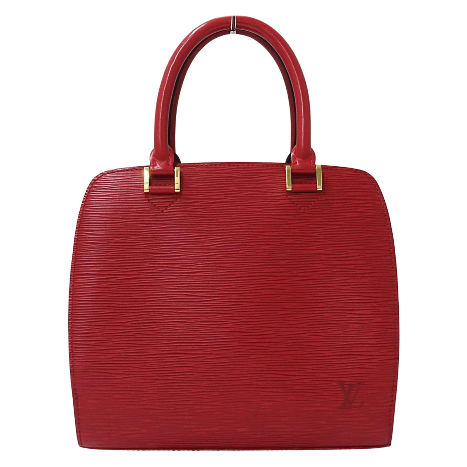 Louis Vuitton Handbag Epi Leather: Louis Vuitton Handbag Epi Leather Castilian red Epi leather wraps around the body of this Louis Vuitton handbag, its classic design and timeless color evoking a sense of sophistication. Measuring 22cm