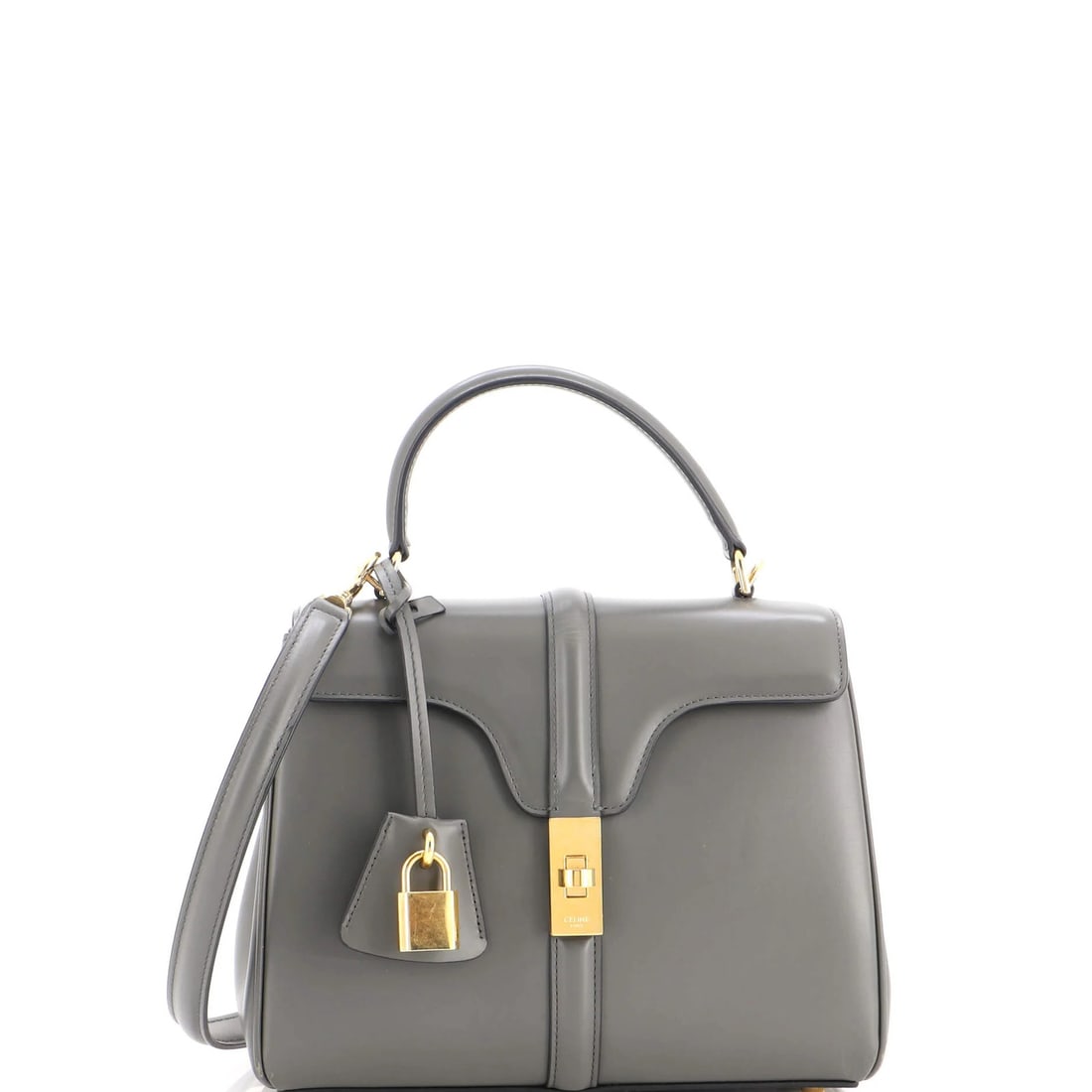Calfskin Small Smooth Top Handle Bag 16 by Celine: Calfskin Small Smooth Top Handle Bag 16 by Celine Small but stylish, this Celine top handle bag features smooth calfskin exterior in gray and sleek gold hardware. With minor scuffs on the exterior