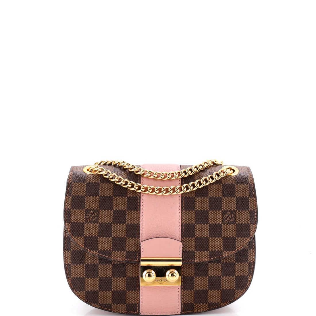 Handbag Wight Leather Damier with Louis Vuitton: Handbag Wight Leather Damier with Louis Vuitton The Louis Vuitton Wight Leather Damier handbag boasts a striking combination of brown and pink hues, featuring scuffs and edge wear on its exterior.